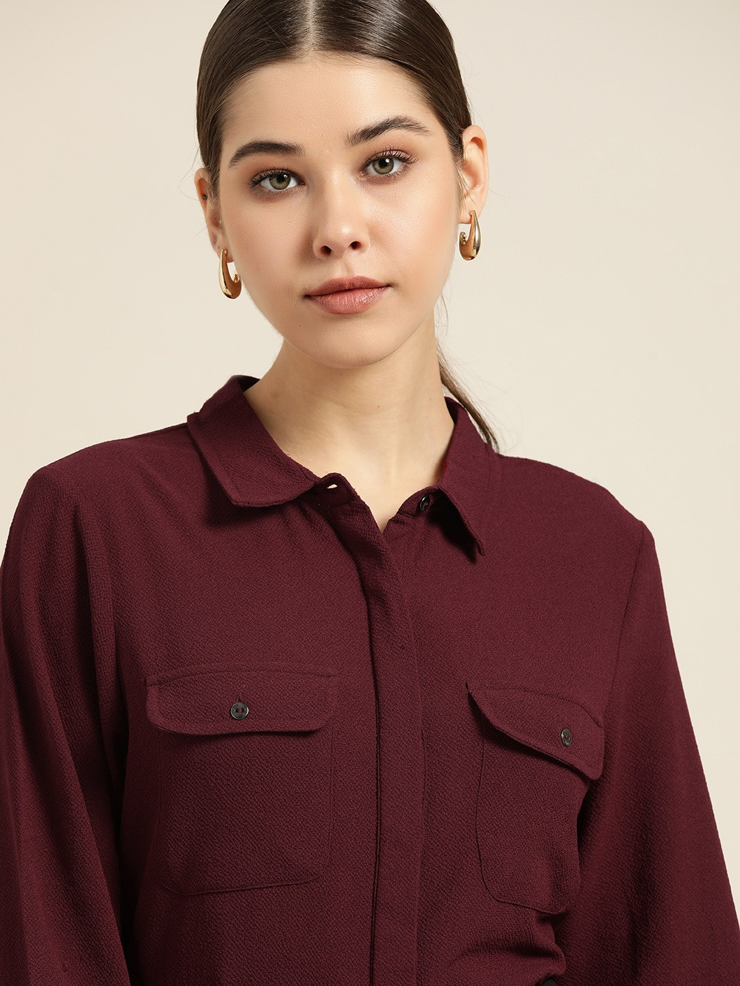 her by invictus Women Maroon Textured Casual Shirt