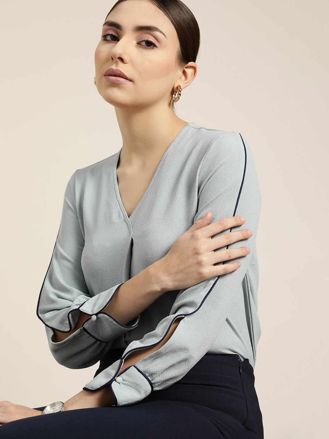 her by invictus Powder Blue V-Neck Woven Top