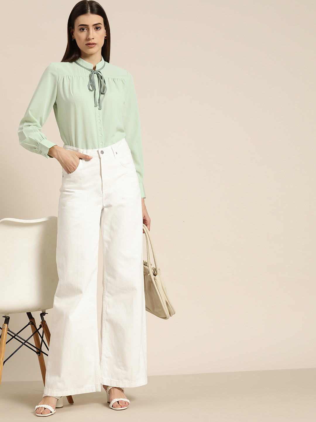 her by invictus Women Sage Green Solid Casual Shirt