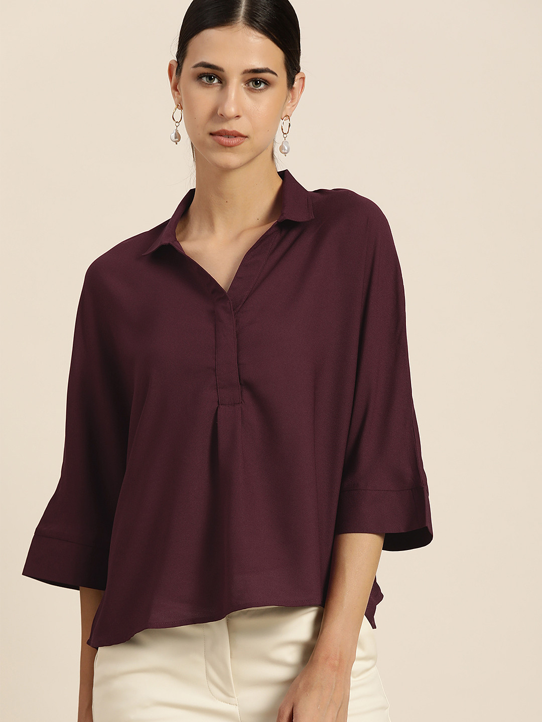her by invictus Burgundy Solid Shirt Style Top