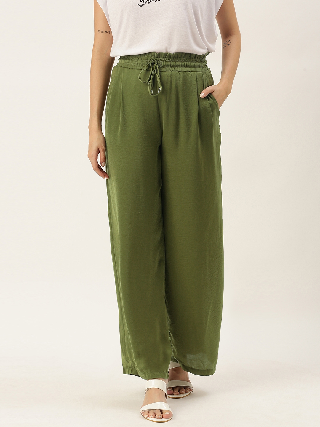 Koton Women Olive Green Solid Parallel Trousers
