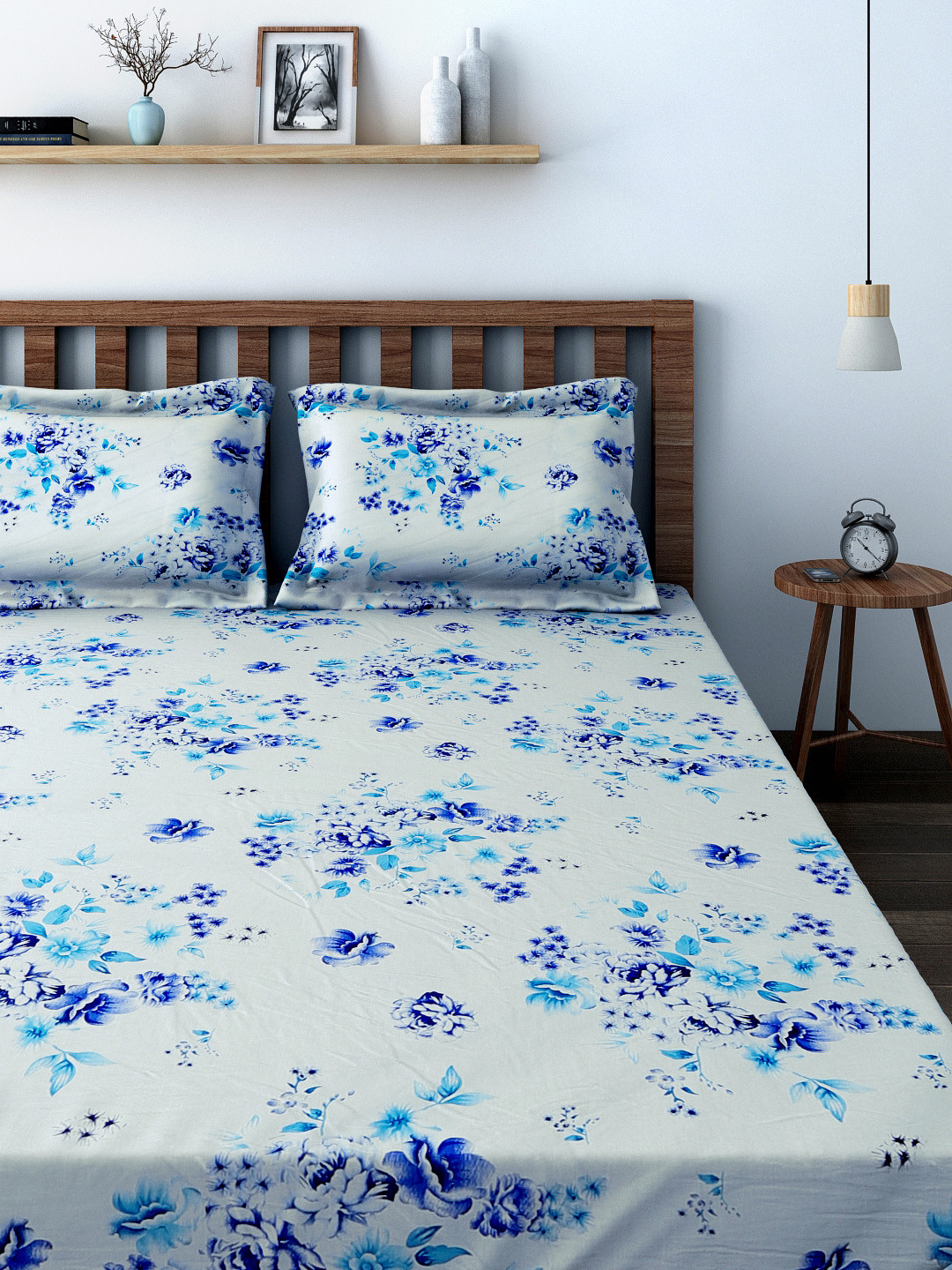 SWAYAM Blue Floral Cotton 160 TC Fitted King Bedsheet with 2 Pillow Covers-182 x 190 cm