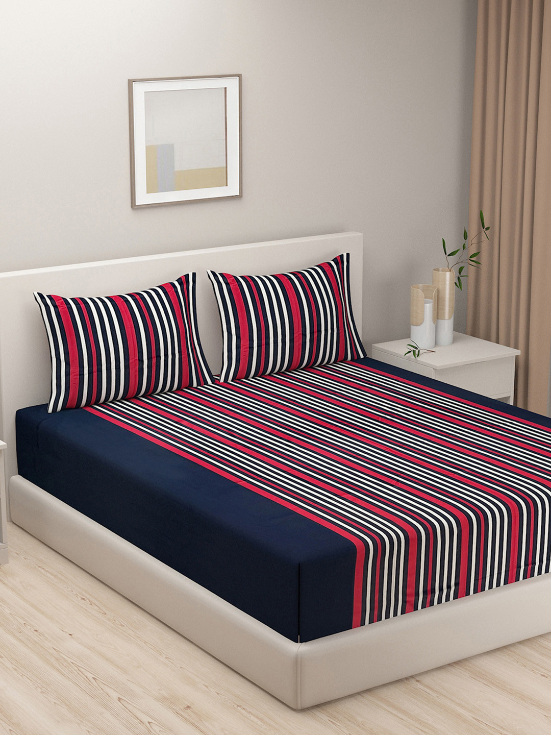 SWAYAM Blue Striped Pure Cotton 240 TC Fitted King Fine Bedsheet with 2 Pillow Covers-182 x 190 cm