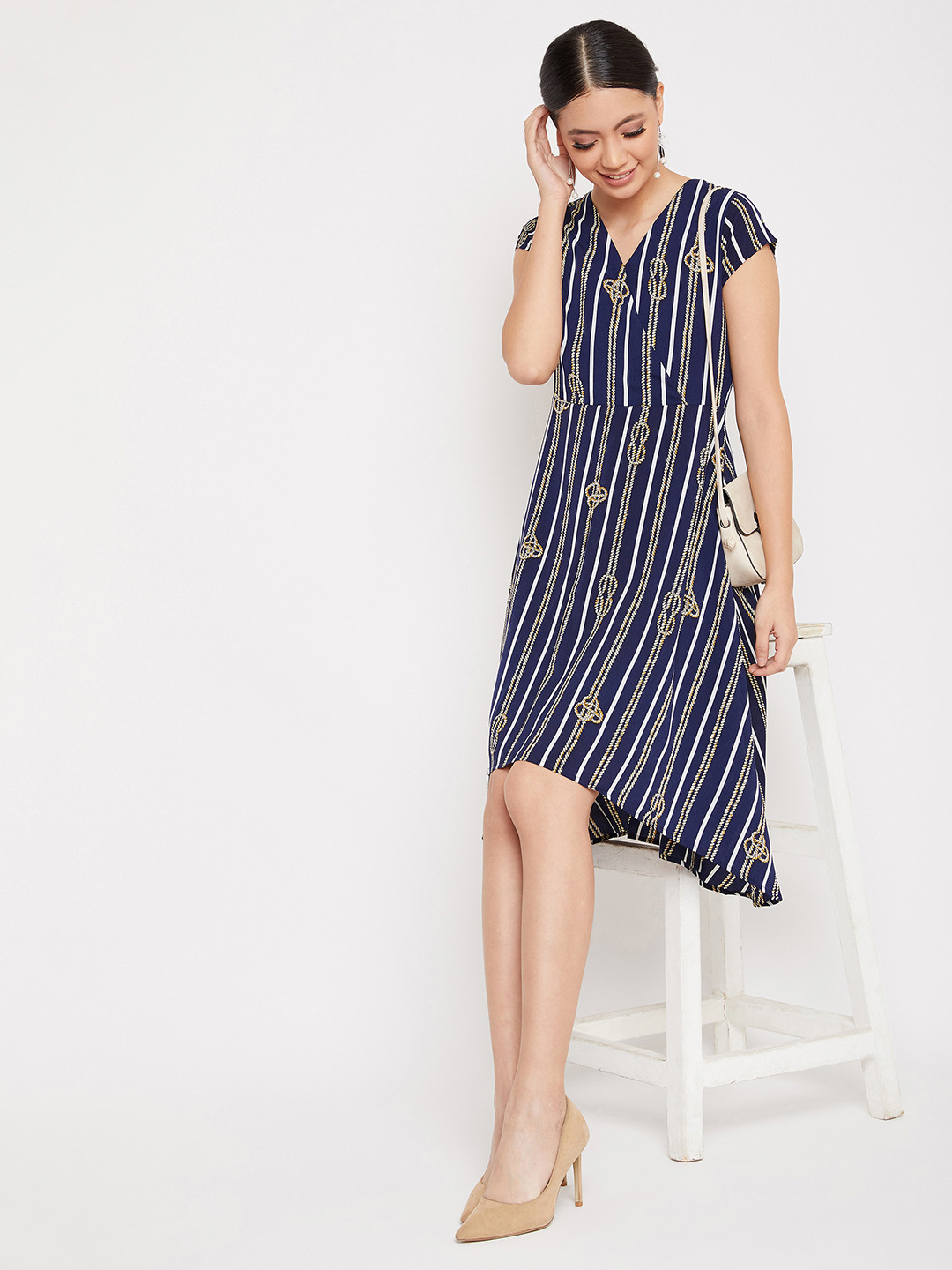 Crimsoune Club Women Navy Blue Striped Wrap Midi Dress
