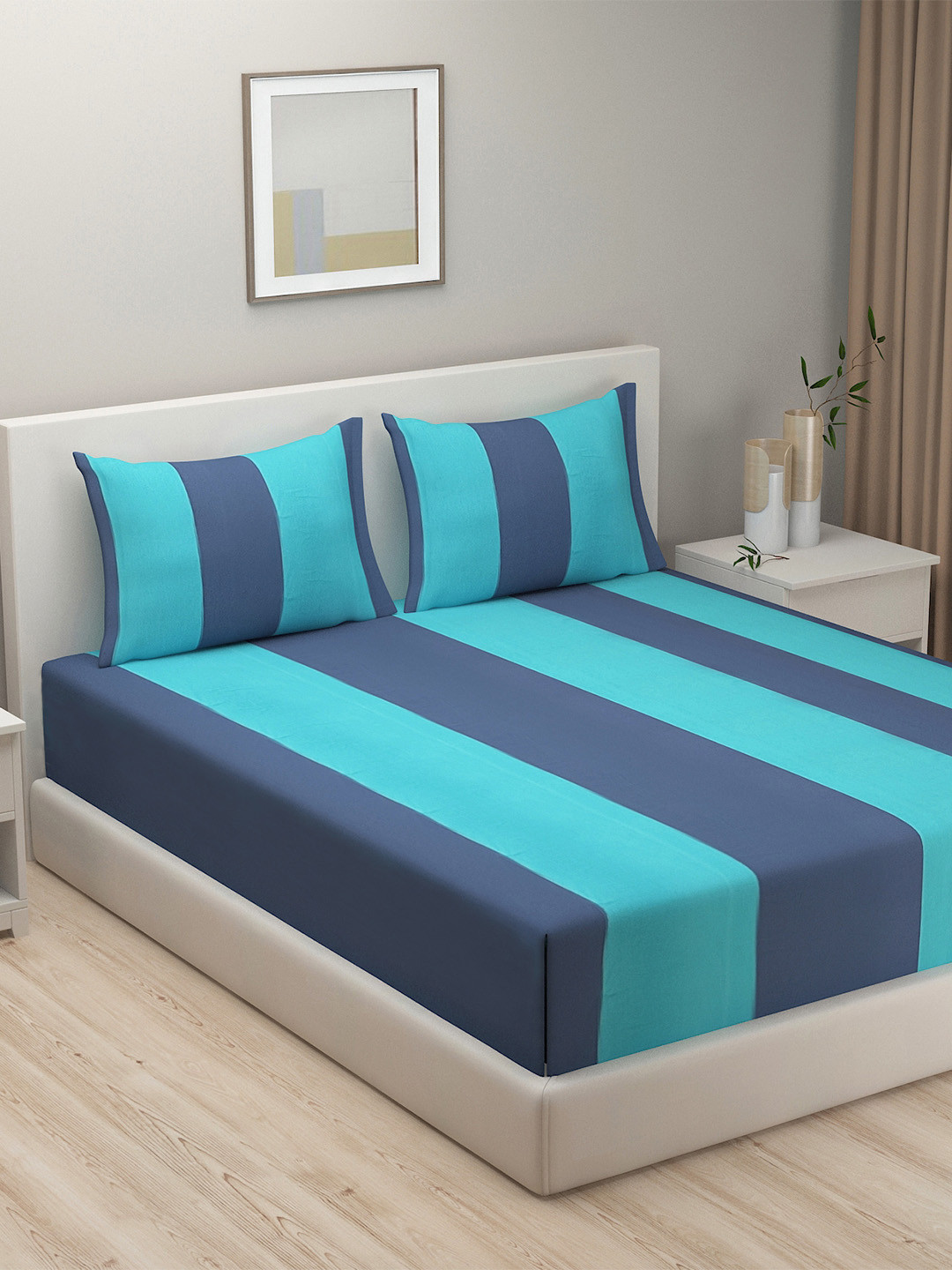 SWAYAM Blue Striped Cotton 180 TC Queen Fine Bedsheet with 2 Pillow Covers-108 x 108 inches