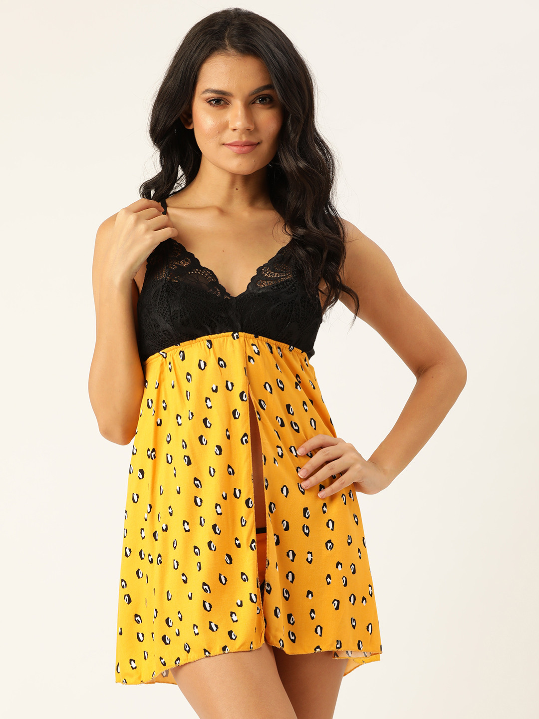 Ms Lingies Women Yellow & Black Printed Baby Doll