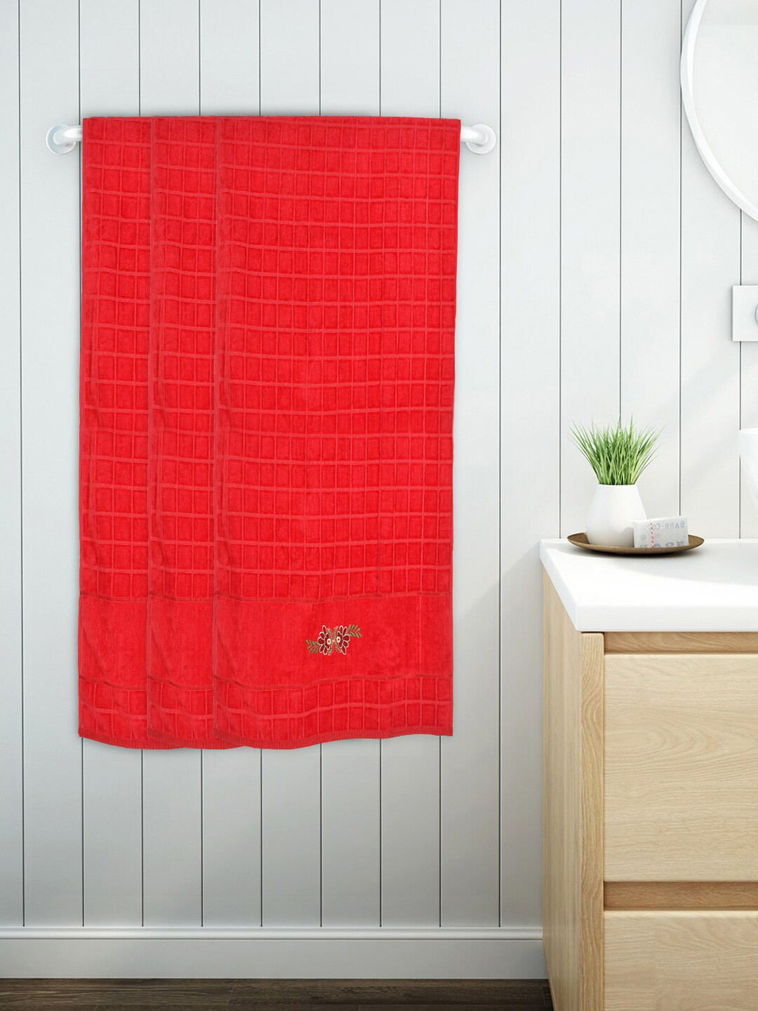 Kuber Industries Set Of 3 Red & Green Solid 400 GSM Soft Cotton Bath Towels