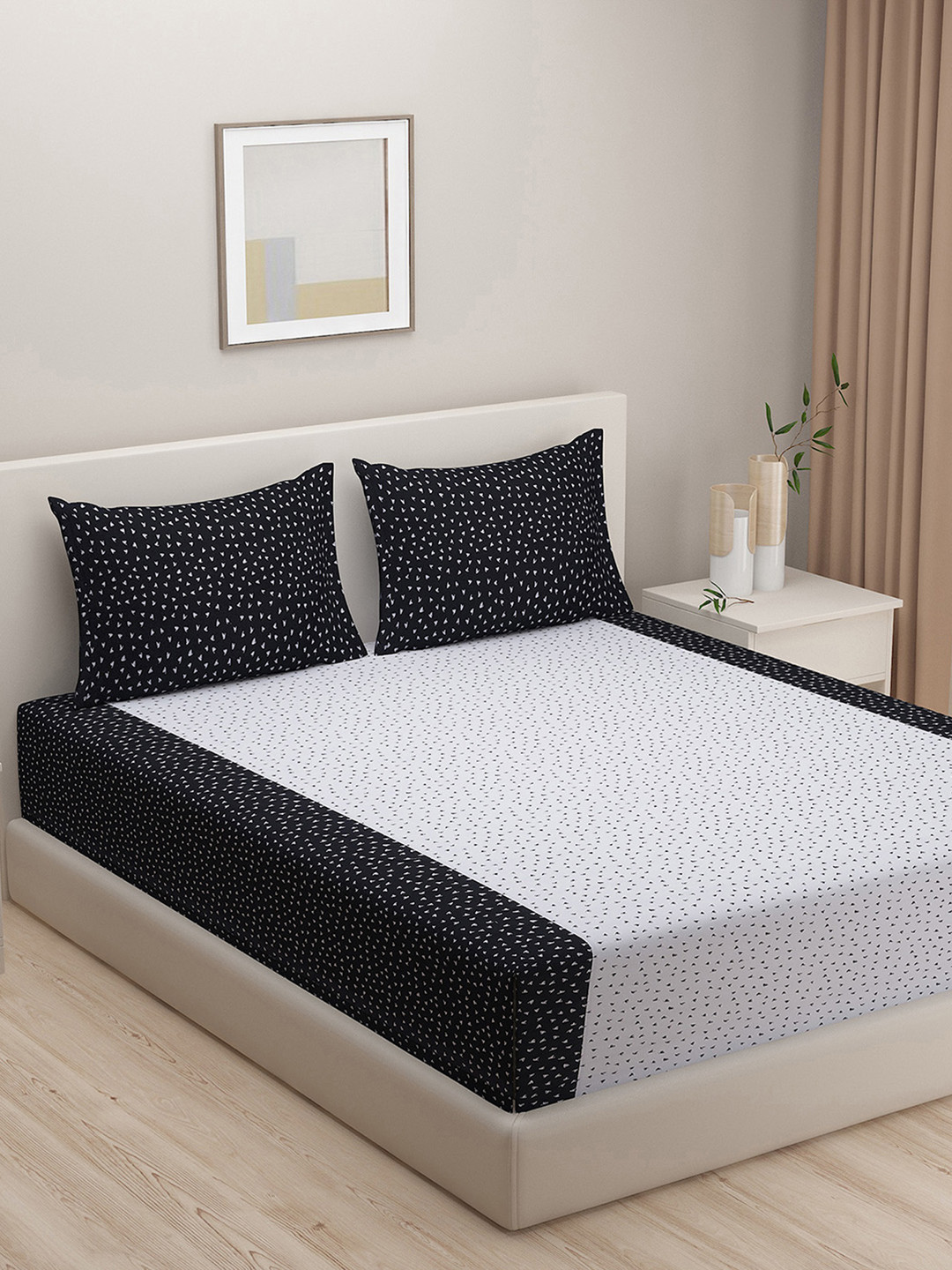 SWAYAM White Conversational Cotton 200 TC Fitted King Fine Bedsheet with 2 Pillow Covers-182 x 190 cm