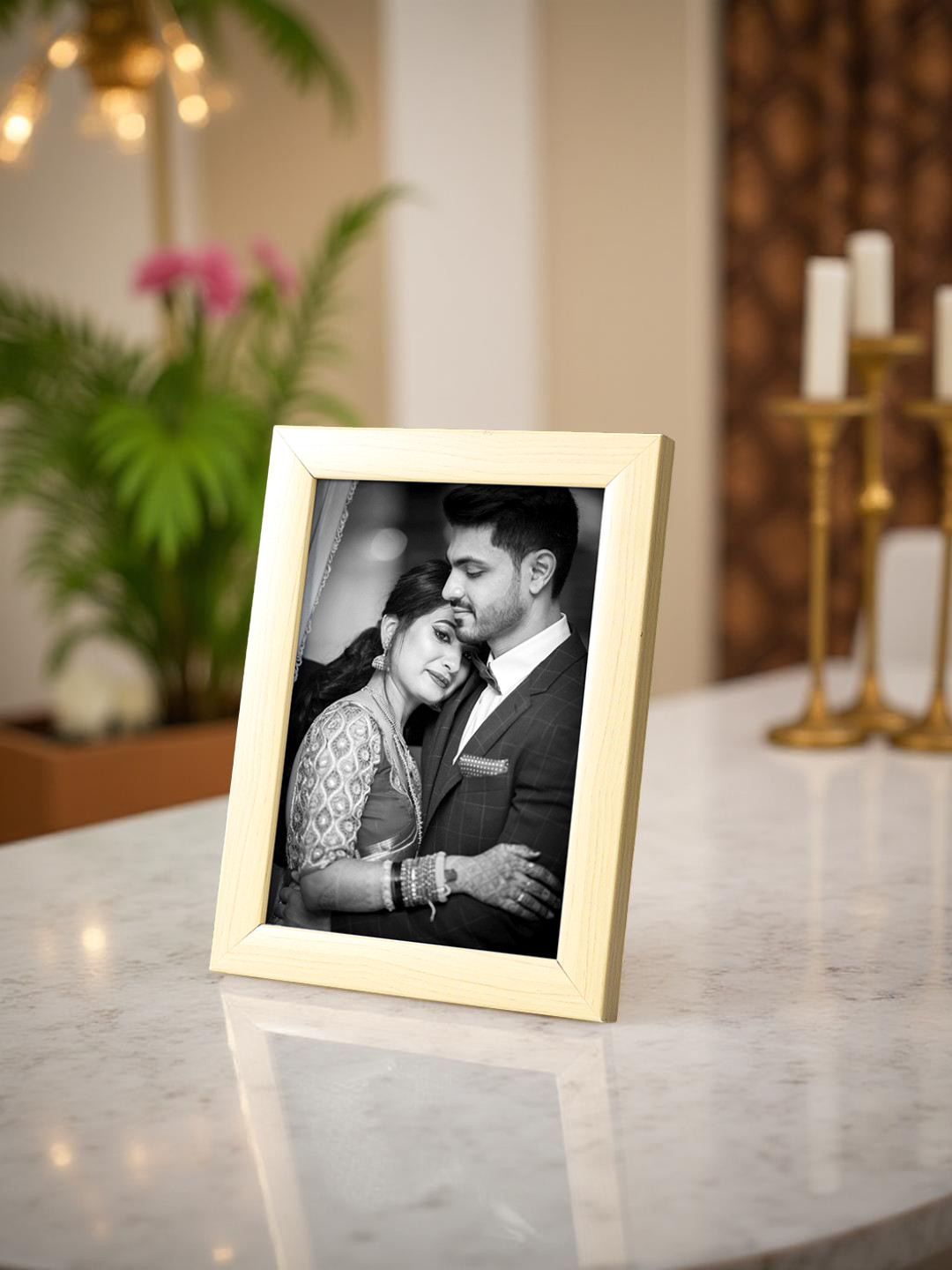 Golden Peacock Brown Solid Wooden Table Top Photo Frame