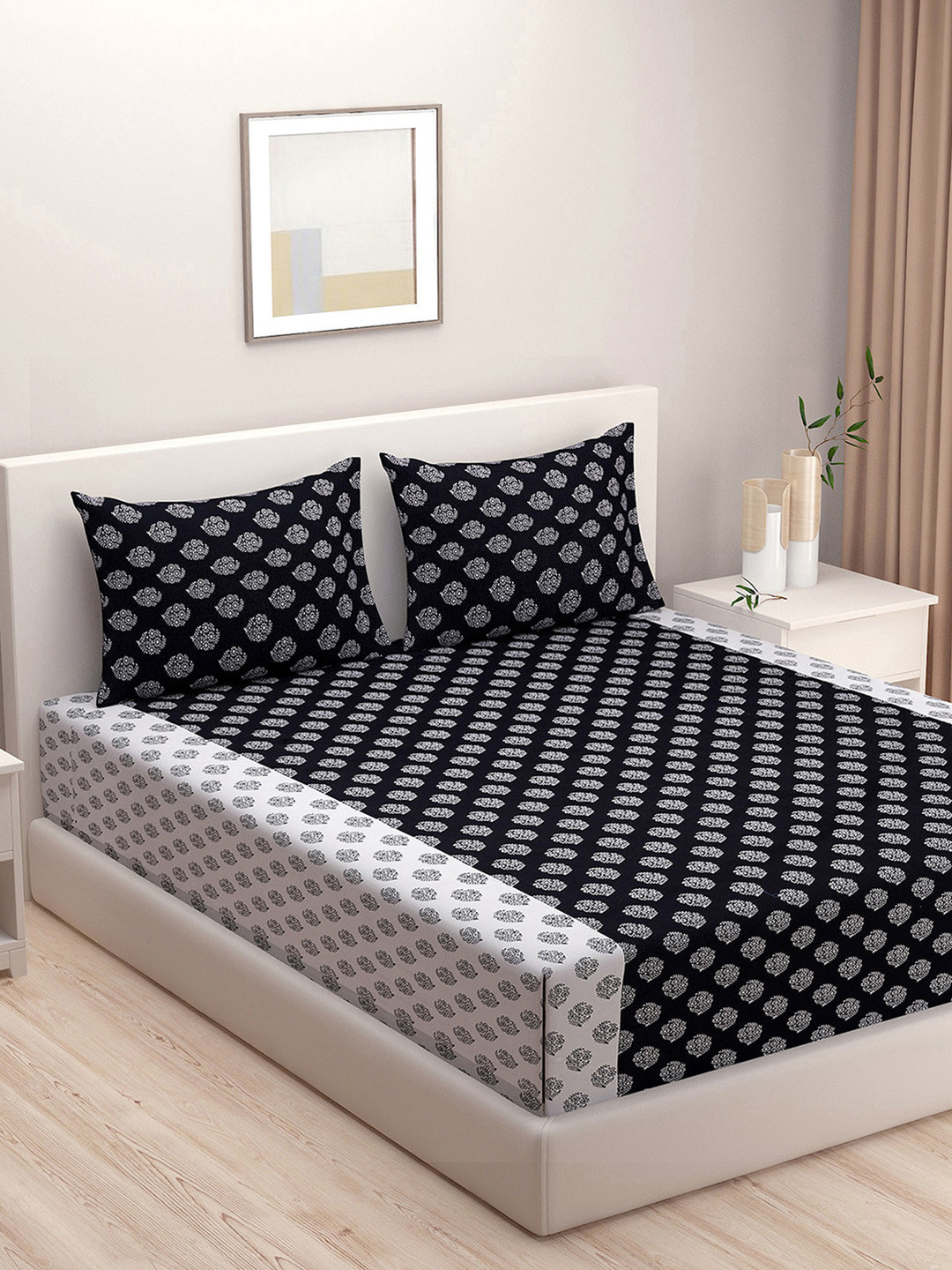 SWAYAM Mix N' Matc Black Floral Pure Cotton 200 TC Fitted King Fine Bedsheet with 2 Pillow Covers-72 x 75 inches