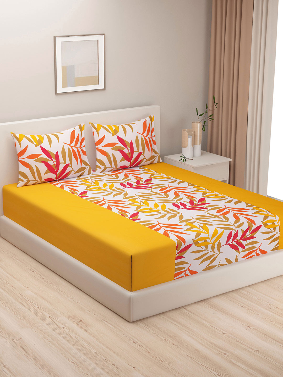 SWAYAM Yellow Leaf Cotton 200 TC Queen Fine Bedsheet with 2 Pillow Covers-108 x 108 inches
