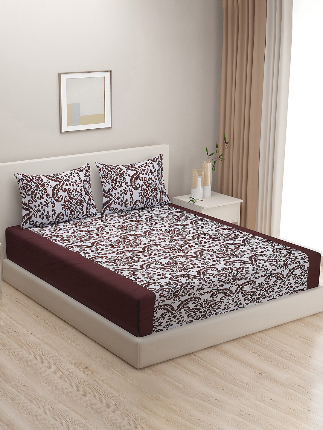 SWAYAM Mix N' Matc Brown Floral Pure Cotton 200 TC Fitted King Fine Bedsheet with 2 Pillow Covers-72 x 75 inches