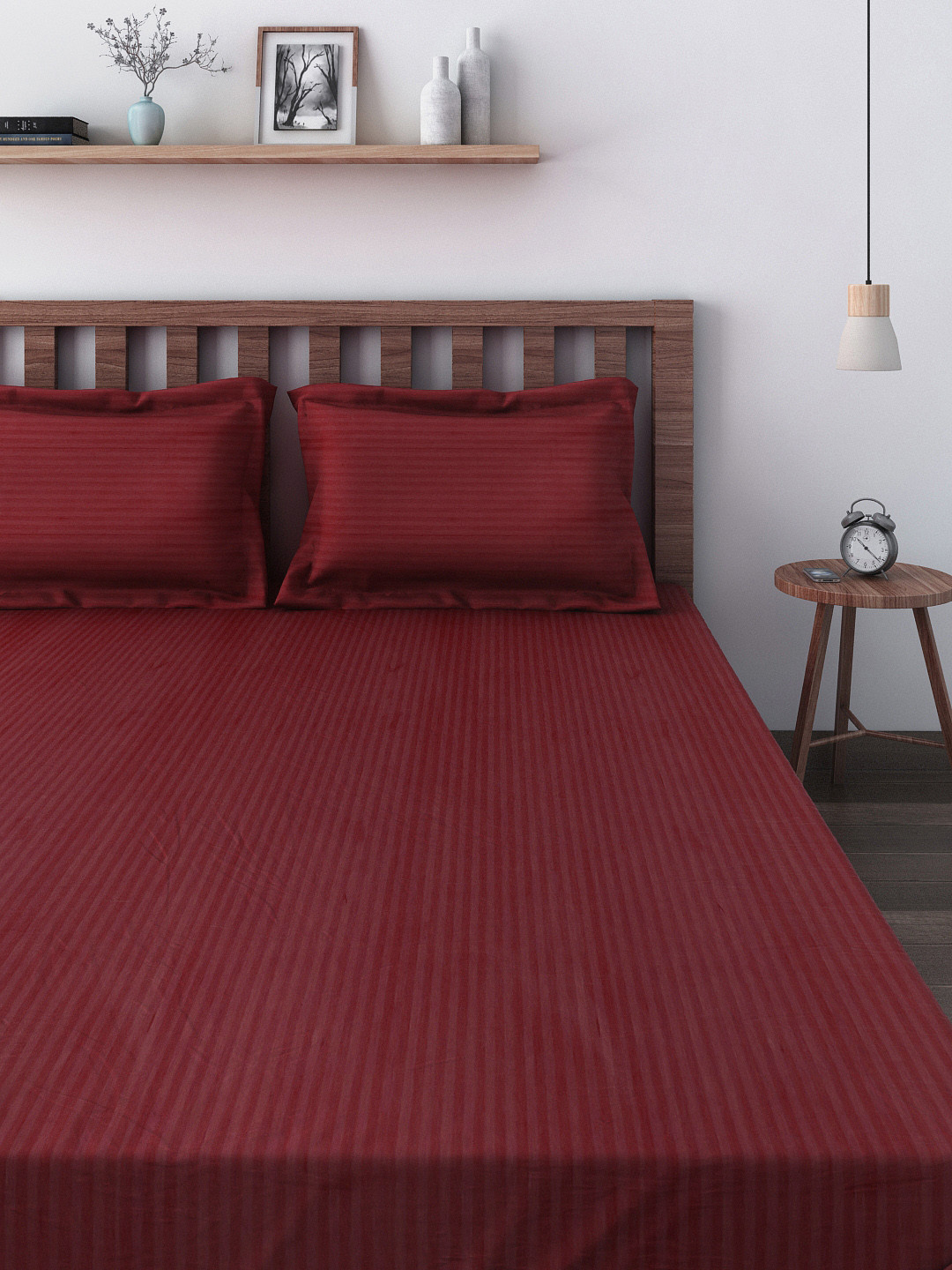 SWAYAM Maroon Striped Cotton 120 TC King Fine Bedsheet with 2 Pillow Covers-108 x 108 inches