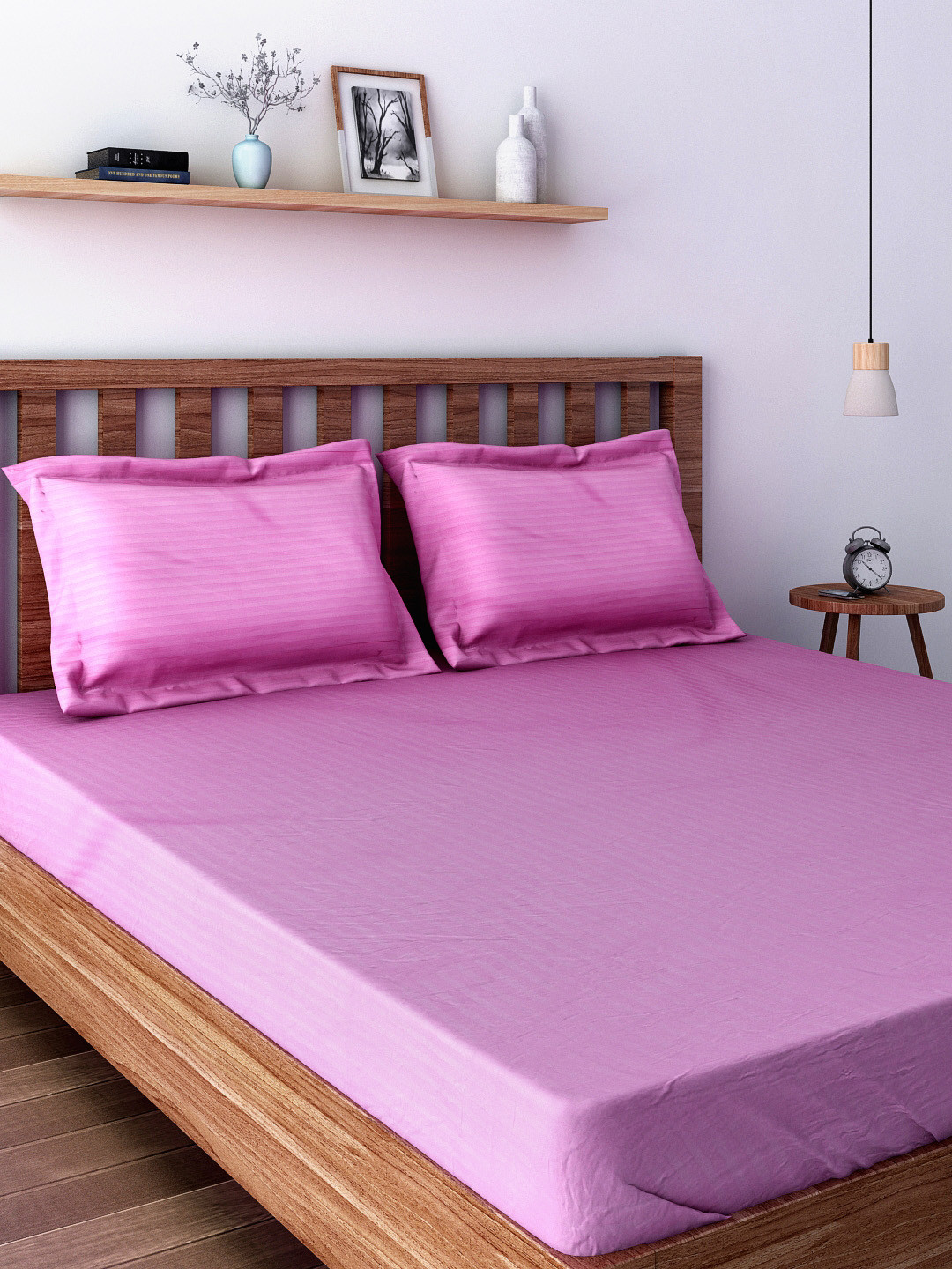 SWAYAM Pink Striped Cotton 210 TC Fitted King Fine Bedsheet with 2 Pillow Covers-71 x 75 inches