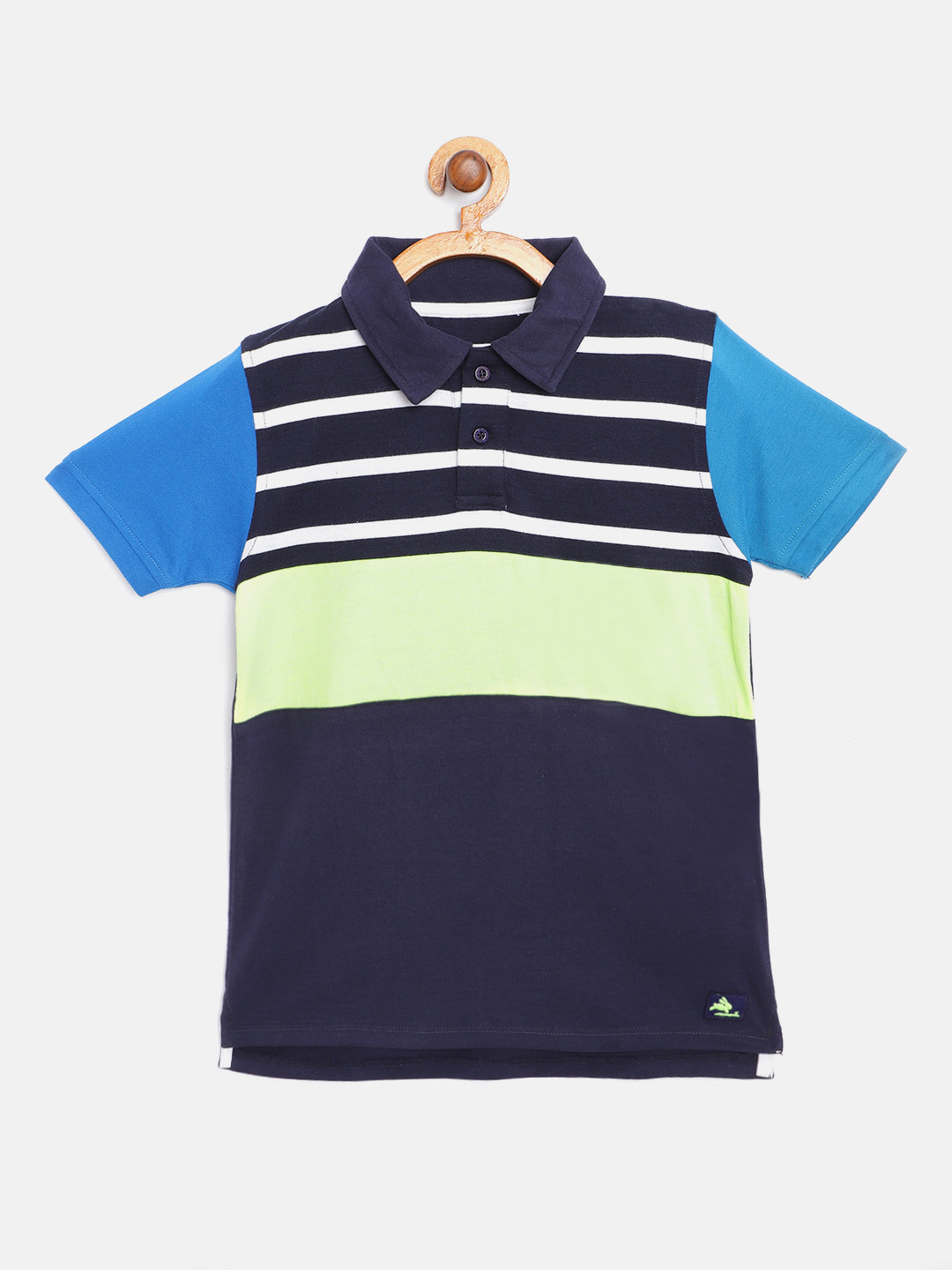 Cherry Crumble Boys Navy Blue & Lime Green Striped Polo Collar T-shirt