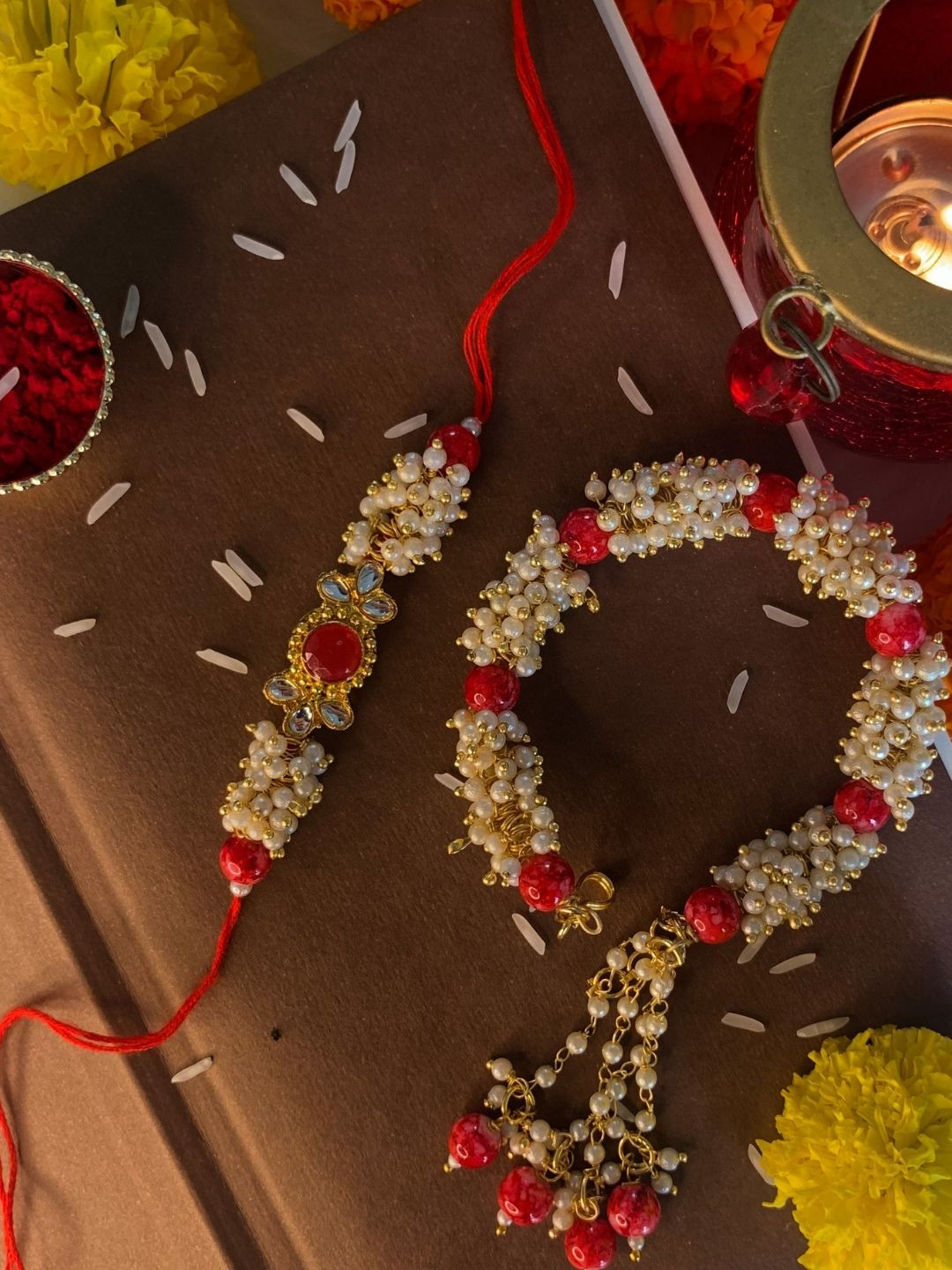 I Jewels Set of 2 Pearl Studded & Beaded Bhaiya Bhabhi Rakhis