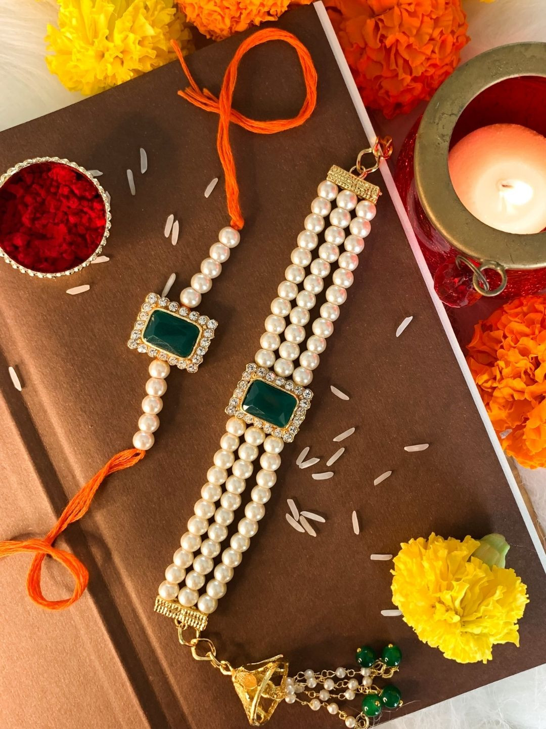 I Jewels Set of 2 Green & White Bhaiya Bhabhi Embellished Rakhi Gift Set
