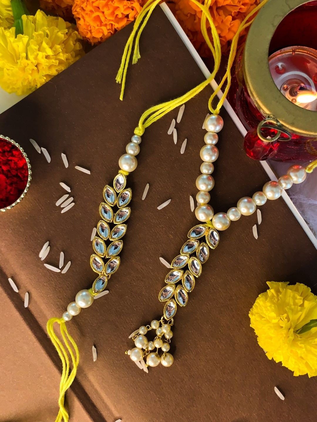 I Jewels Set Oof 2 White & Gold-Toned Stone Studded & Beaded Bhaiya Bhabhi Rakhis