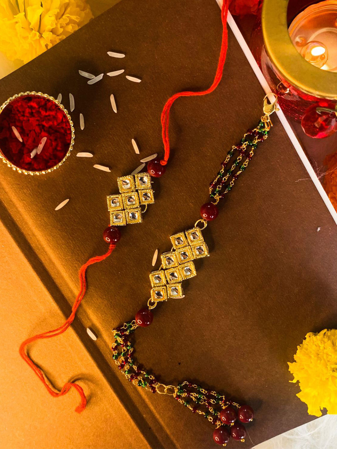 I Jewels Set Of 2 Maroon & Green Stone Studded & Beaded Bhaiya Bhabhi Rakhis