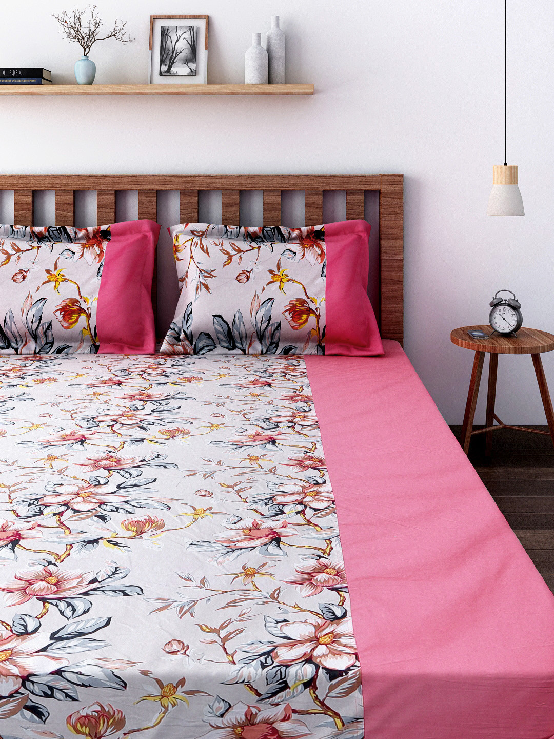SWAYAM Mix N' Match Flo Pink Floral Cotton 200 TC King Fine Bedsheet with 2 Pillow Covers-75 x 72 inches