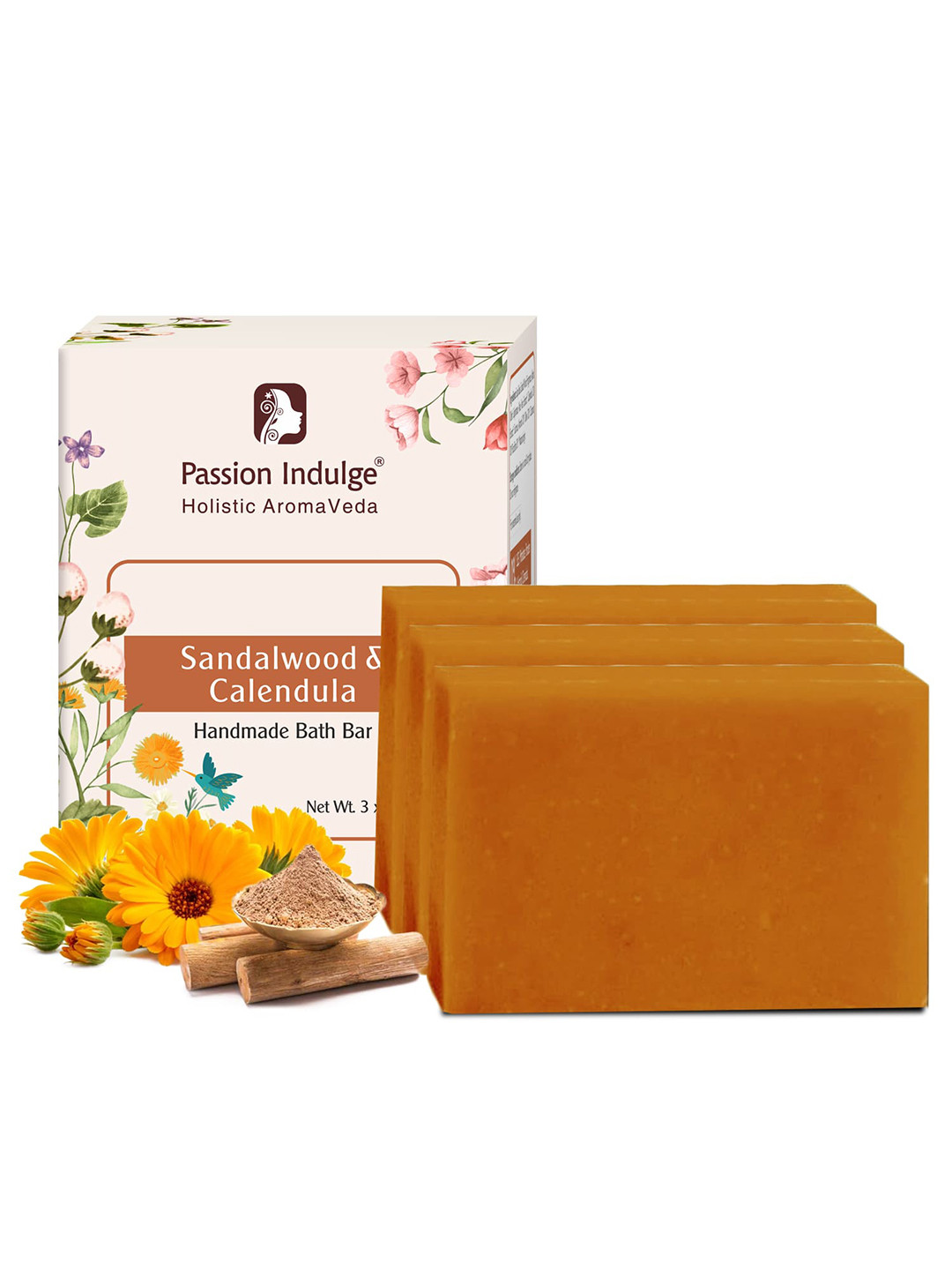 Passion Indulge Pack of 3 Natural Handmade Sandalwood & Calendula Bath Bar Soaps