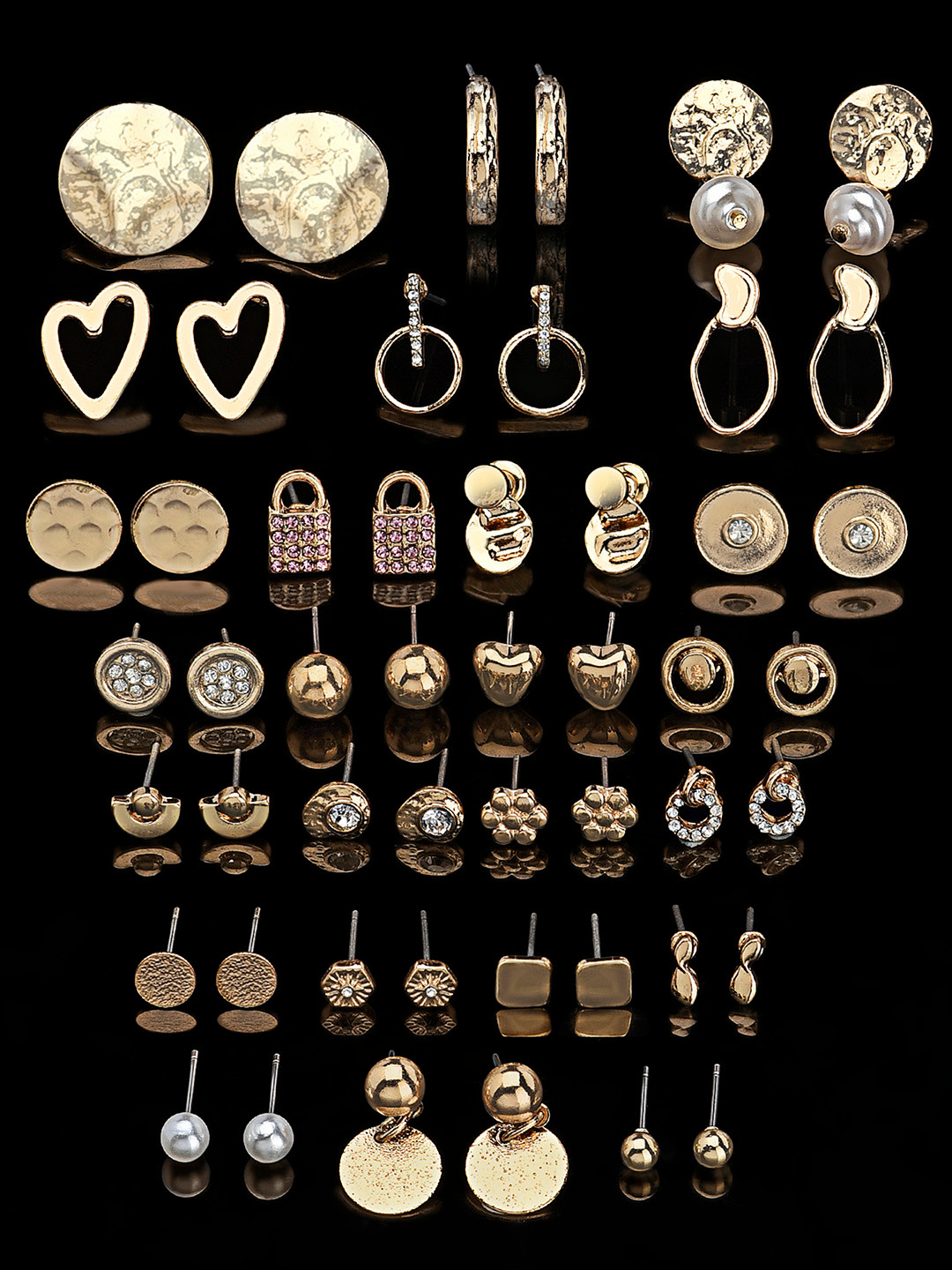 AMI Set of 25 Gold-Toned Contemporary Studs Drop & Semi-Hoops Earrings