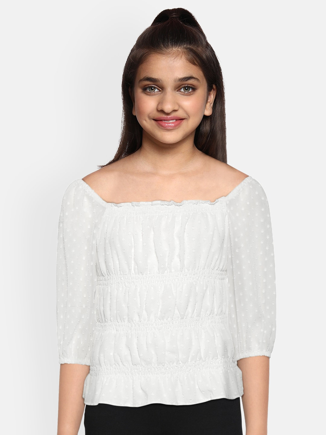 Marks & Spencer Girls White Dobby Weave Puff Sleeve Smocked Sustainable Bardot Top