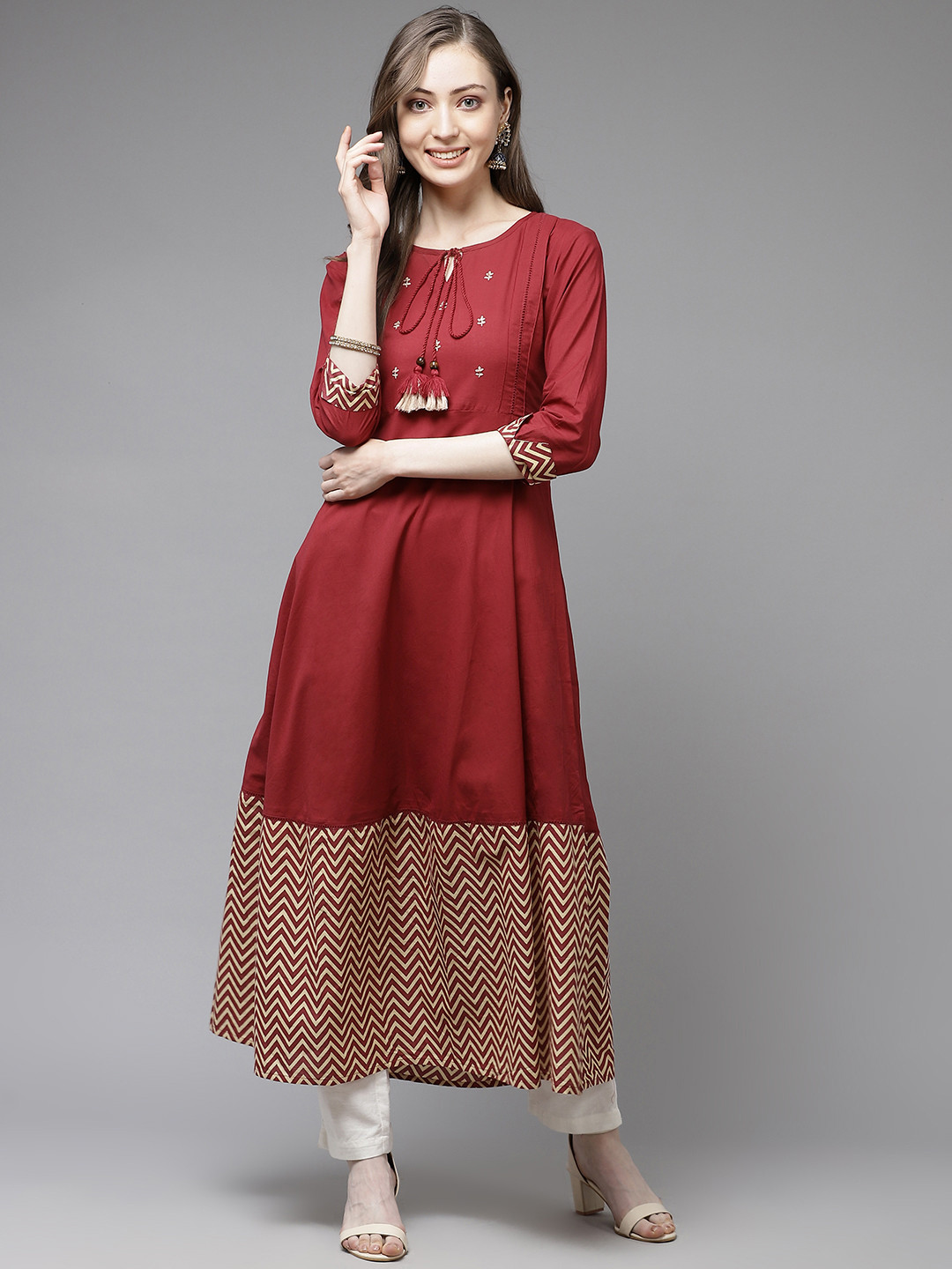 Yufta Women Maroon & Beige Thread Work Pure Cotton Printed Hem A-Line Kurta