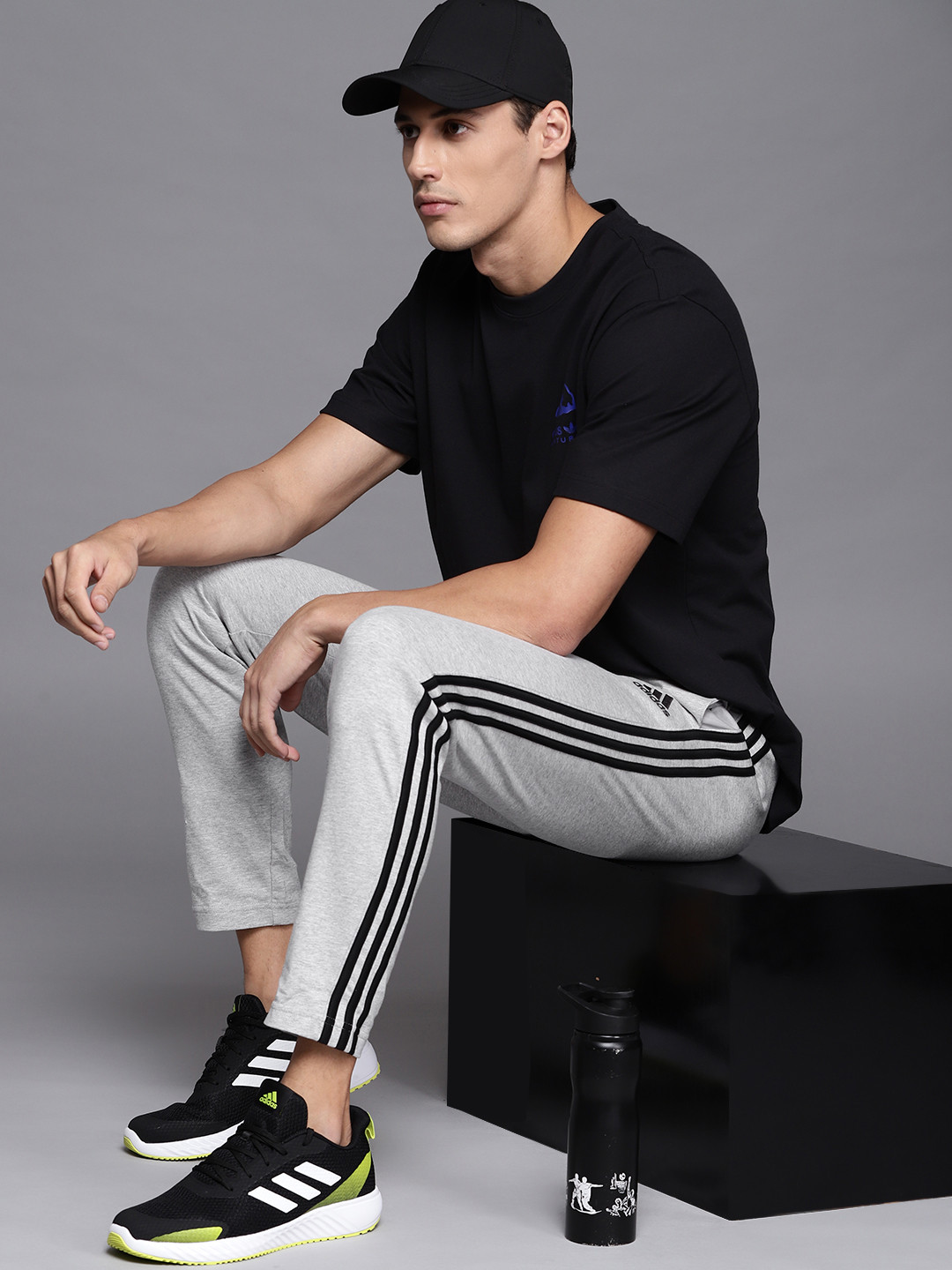 ADIDAS Men Grey Melange Solid Essentials Single Jersey Tapered 3-Stripes Track Pants