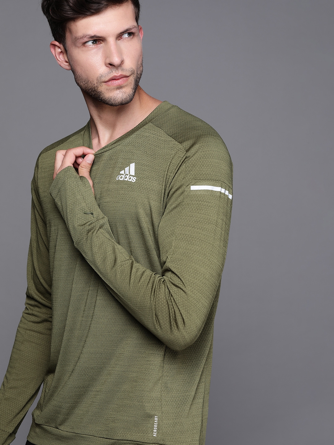 ADIDAS Men Olive Green Self Design Sweatshirt