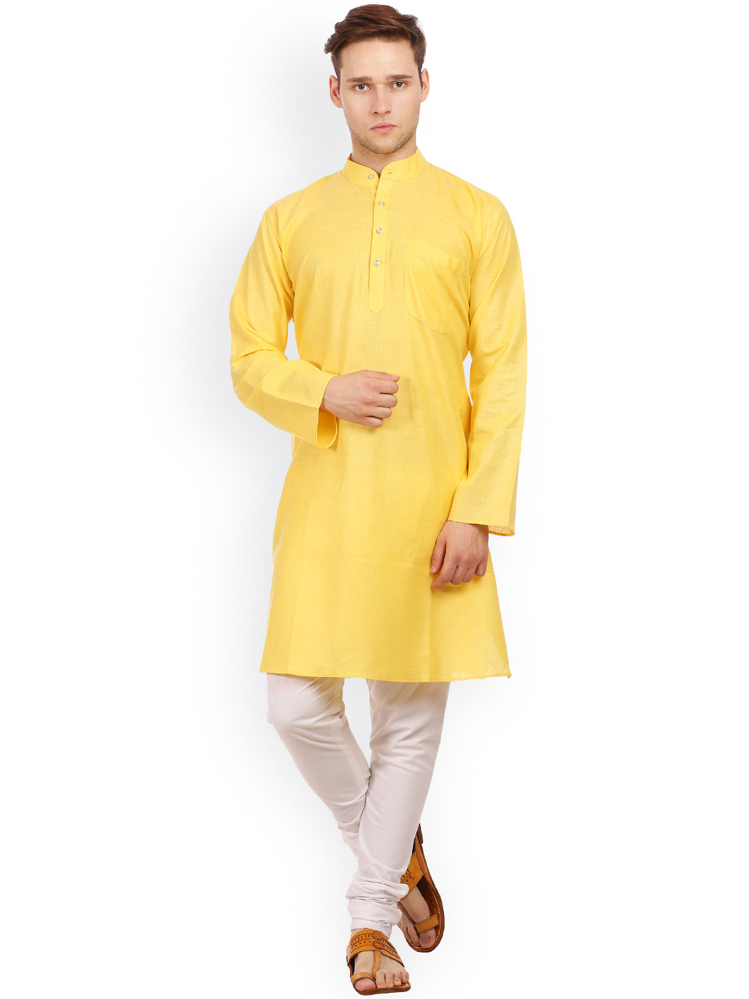 Wintage Yellow & White Cotton & Silk Kurta Pyjama