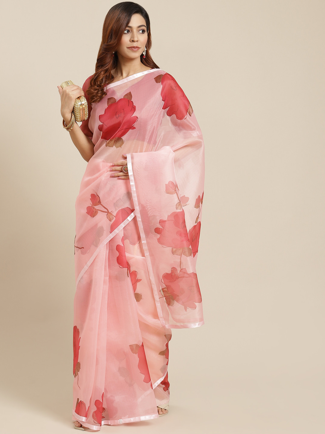 Mitera Pink & Red Floral Saree
