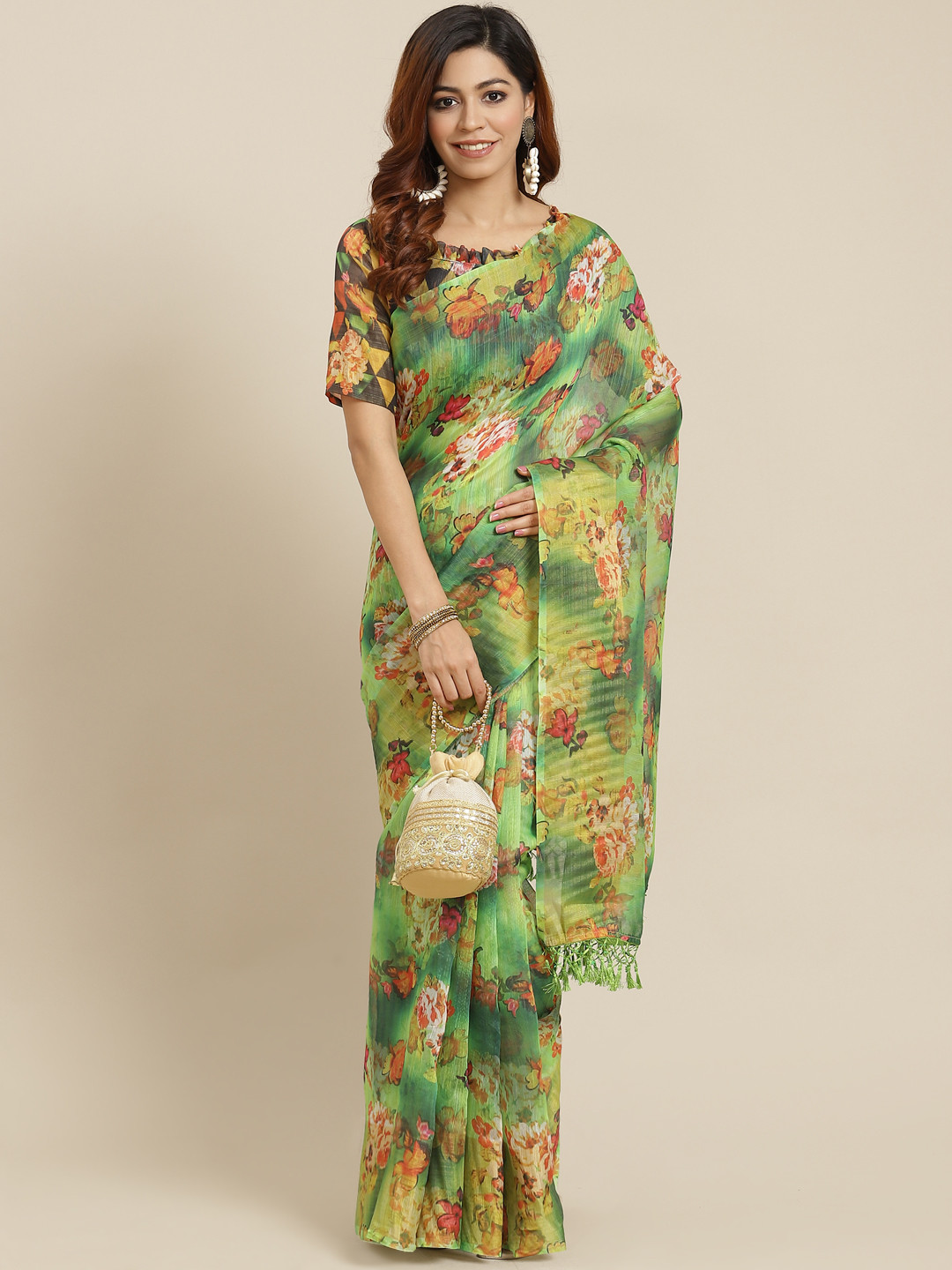 Mitera Green & Pink Linen Cotton Floral Print Saree