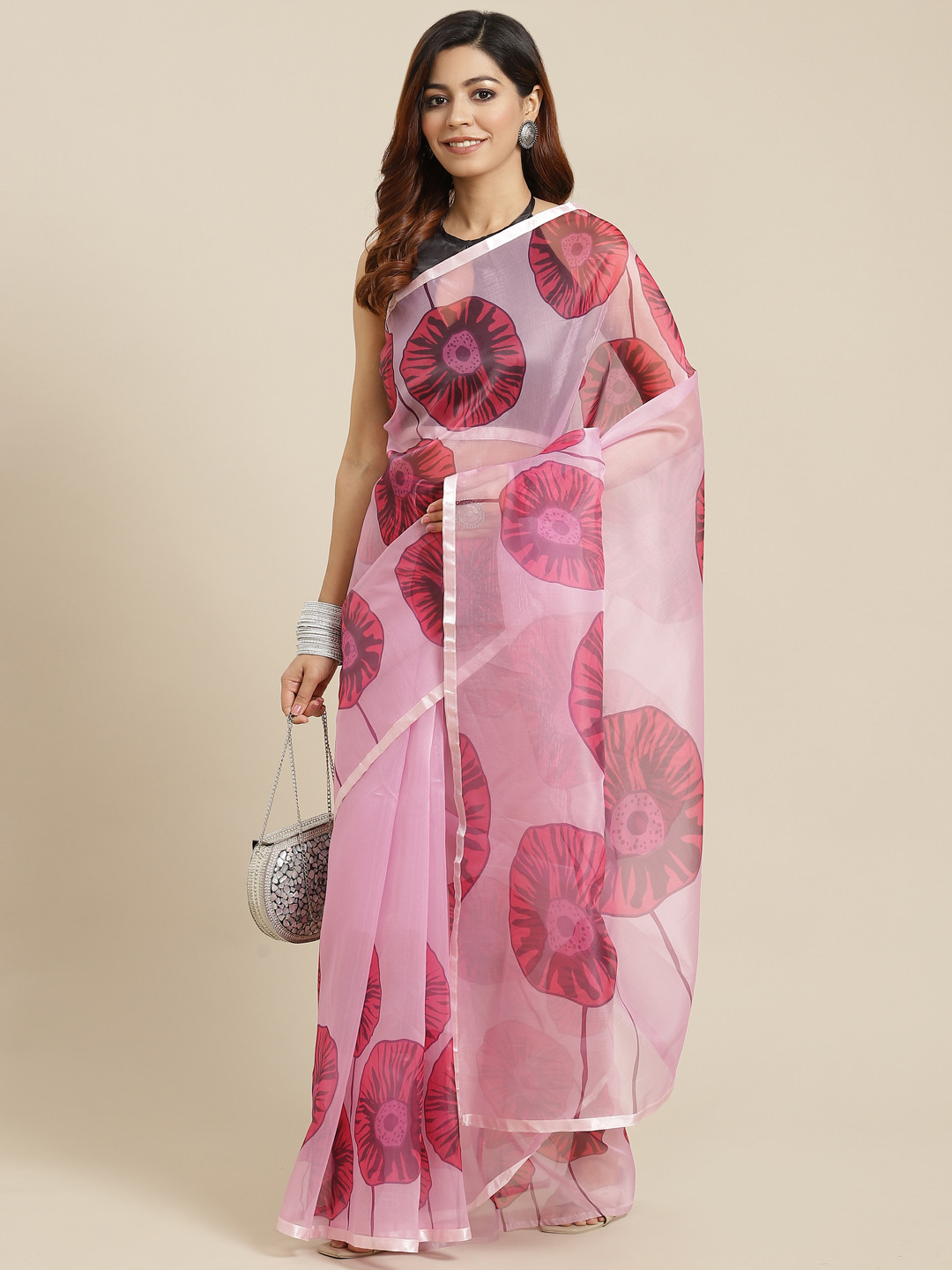 Mitera Pink Floral Print Organza Saree