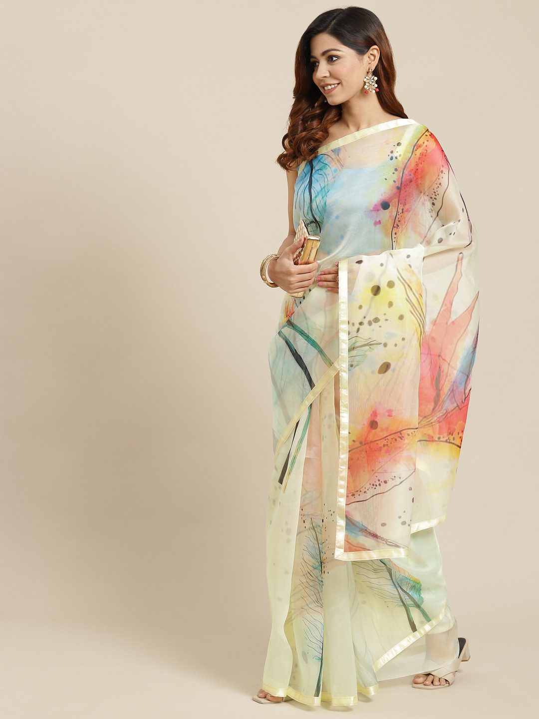 Mitera Green & Blue Floral Print Organza Saree