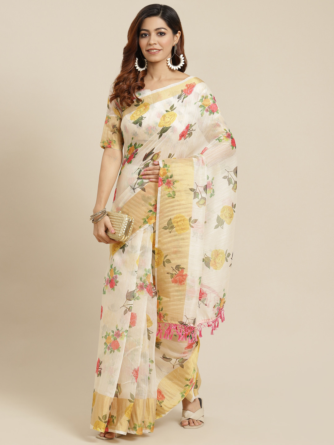 Mitera Off White & Yellow Floral Print Linen Blend Saree