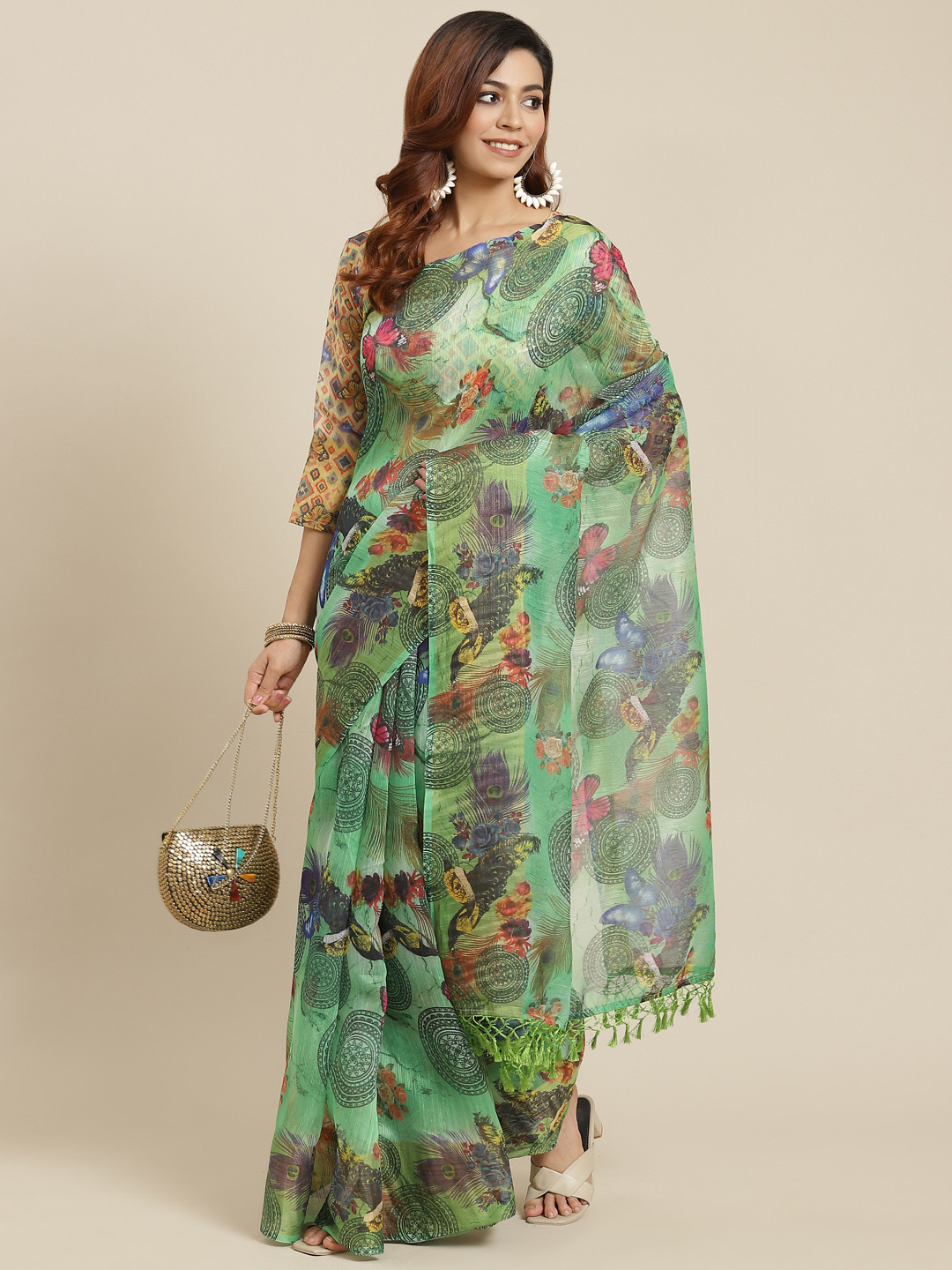 Mitera Green & Charcoal Grey Ethnic Motifs Print Linen Blend Saree