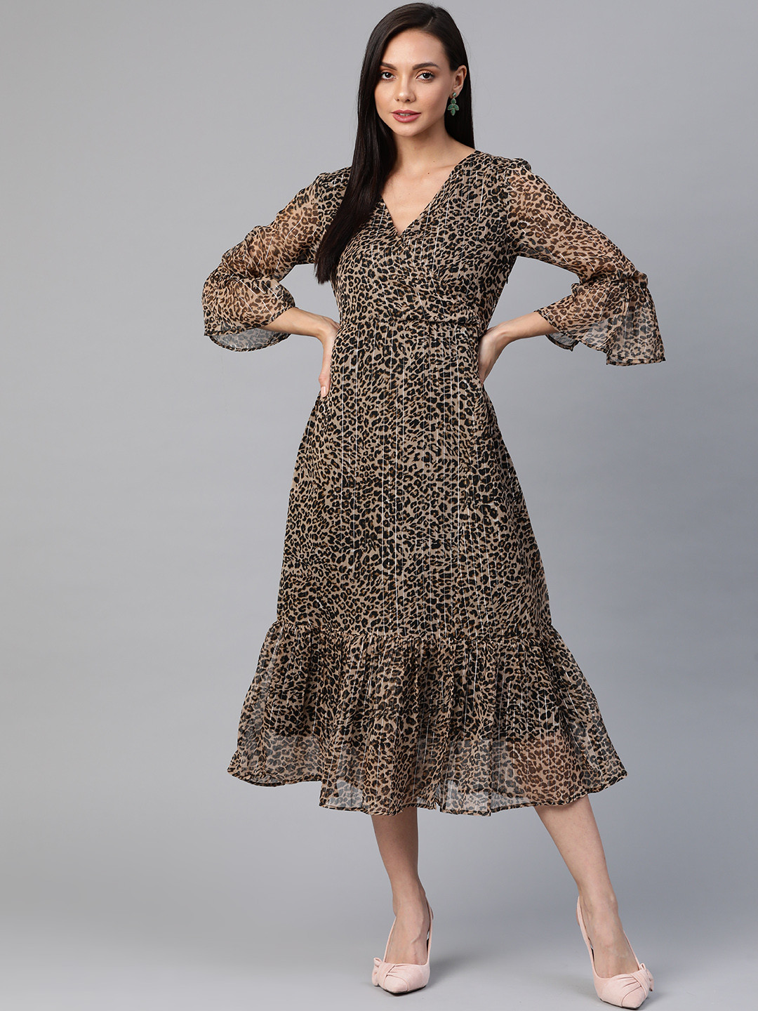 Cottinfab Beige & Black Animal Print Midi Front Open Wrap Dress