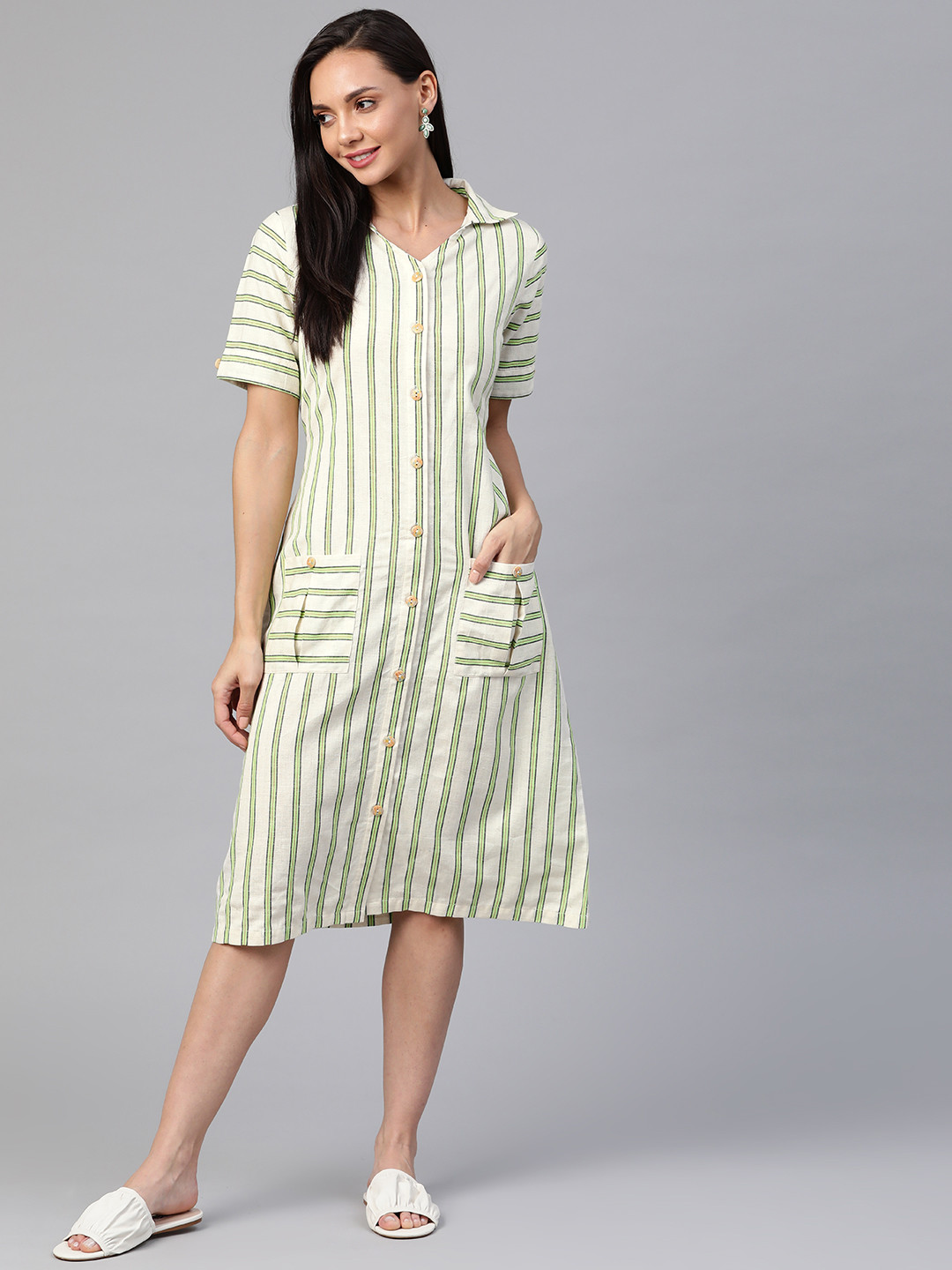 Cottinfab Off White & Green Striped Shirt Knee-Length Dress