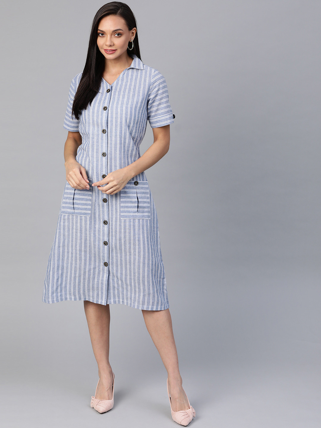 Cottinfab Blue & White Striped Pure Cotton Shirt Dress