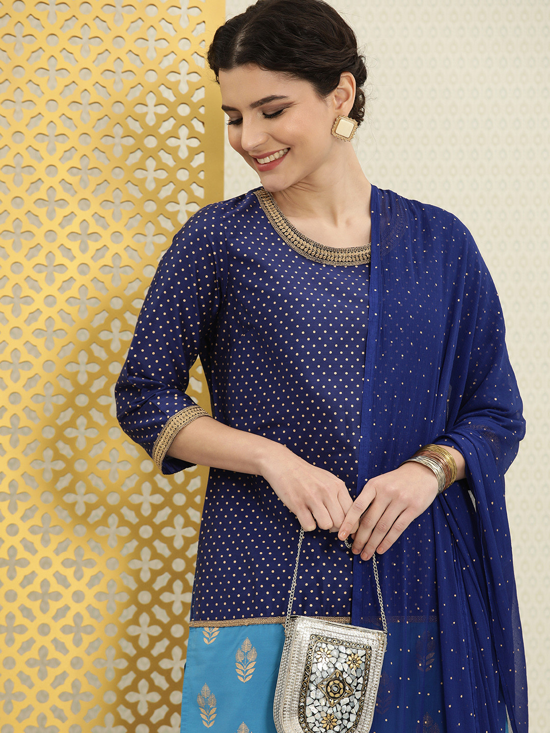 House of Pataudi Women Navy Blue Printed Rozana Kurti with Palazzos & With Dupatta