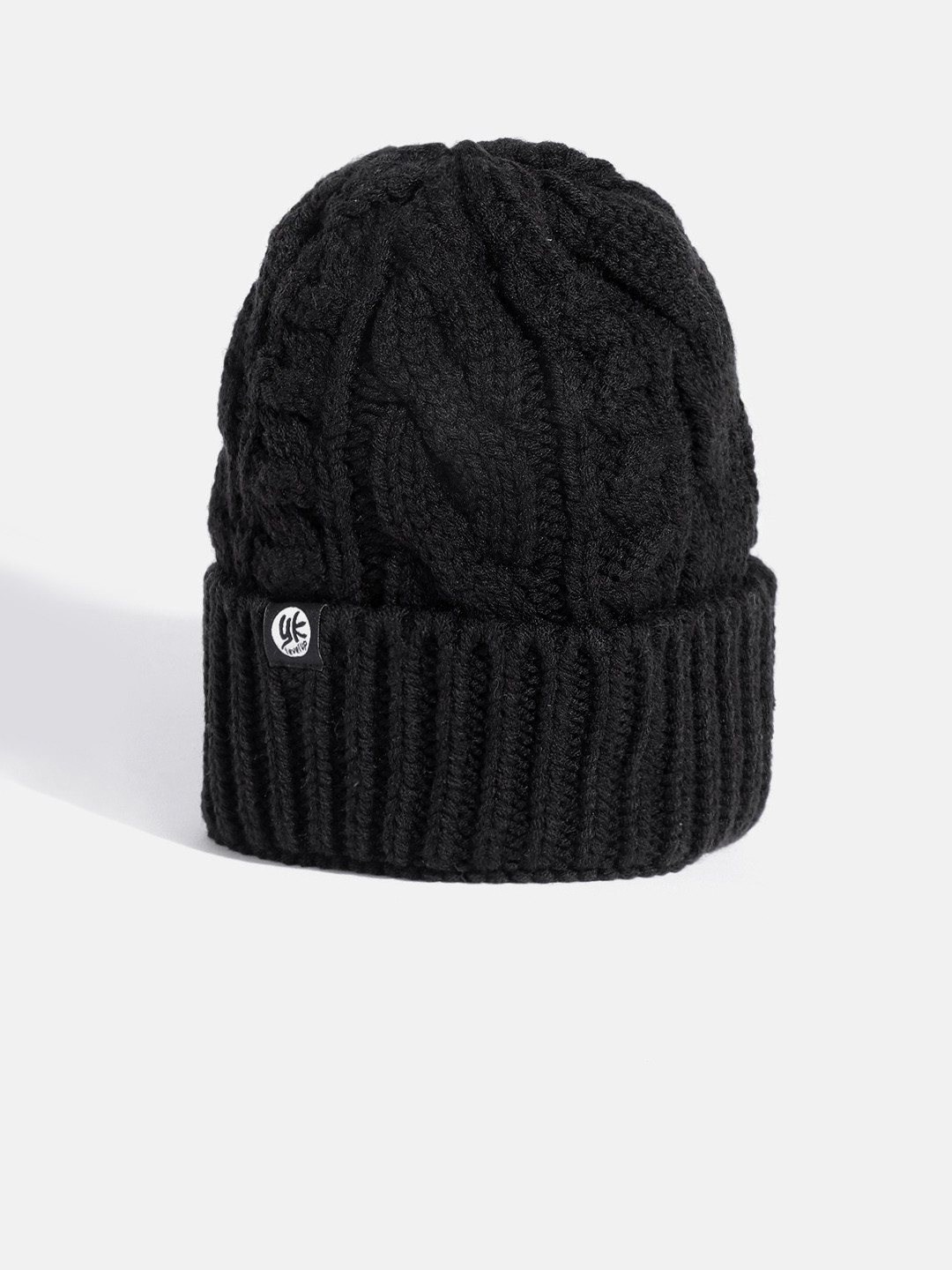 YK Kids Black Cable Knit Self-Design Beanie