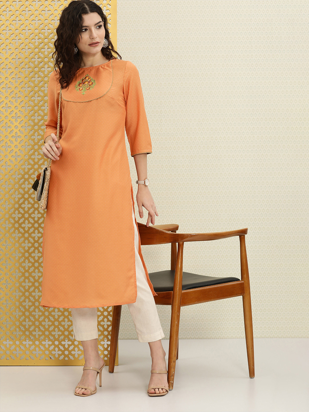 House of Pataudi Women Orange & Green Embroidered Rozana Kurta