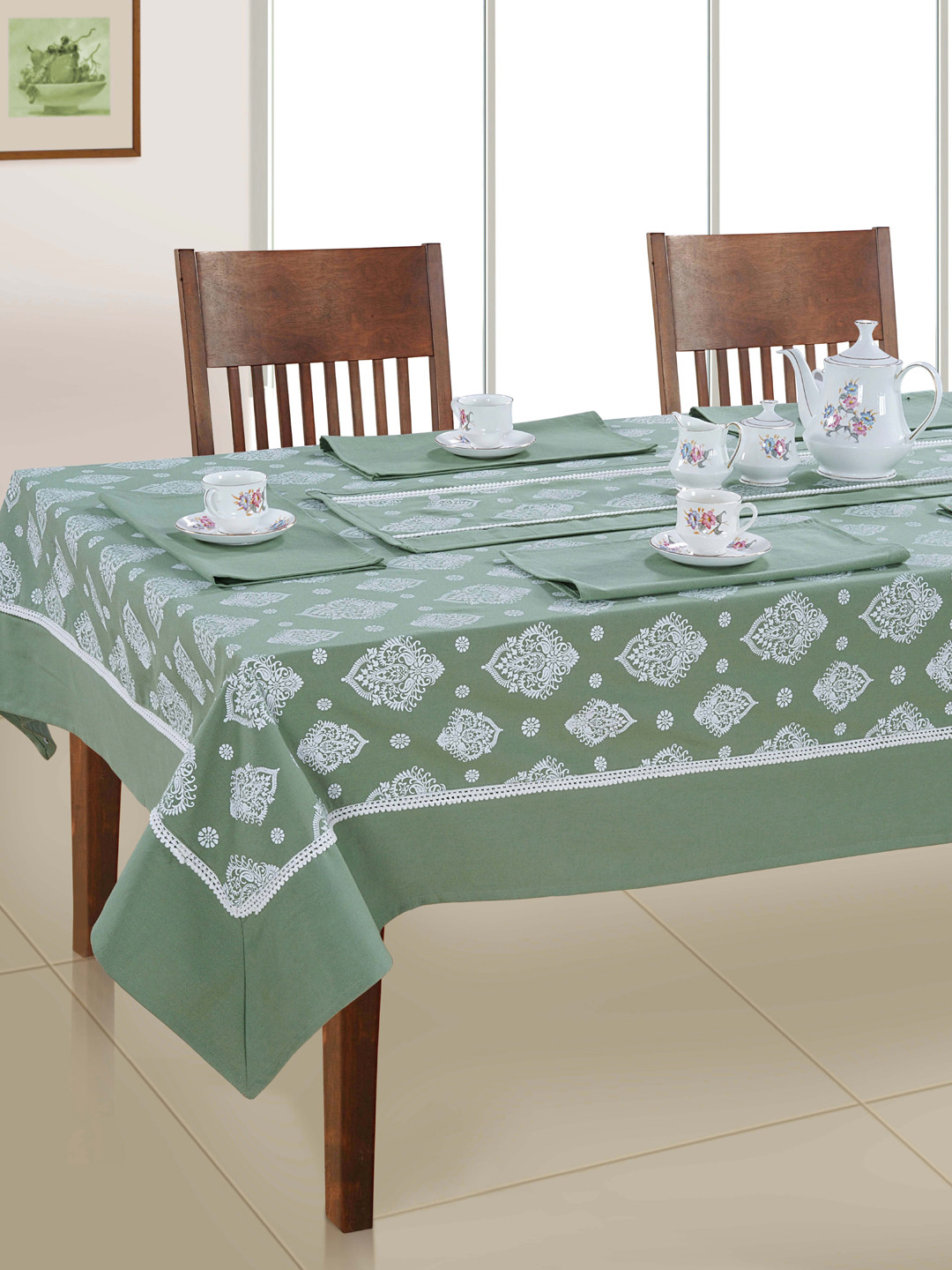 SWAYAM Green & White Printed Cotton 6-Seater Table Linen Set