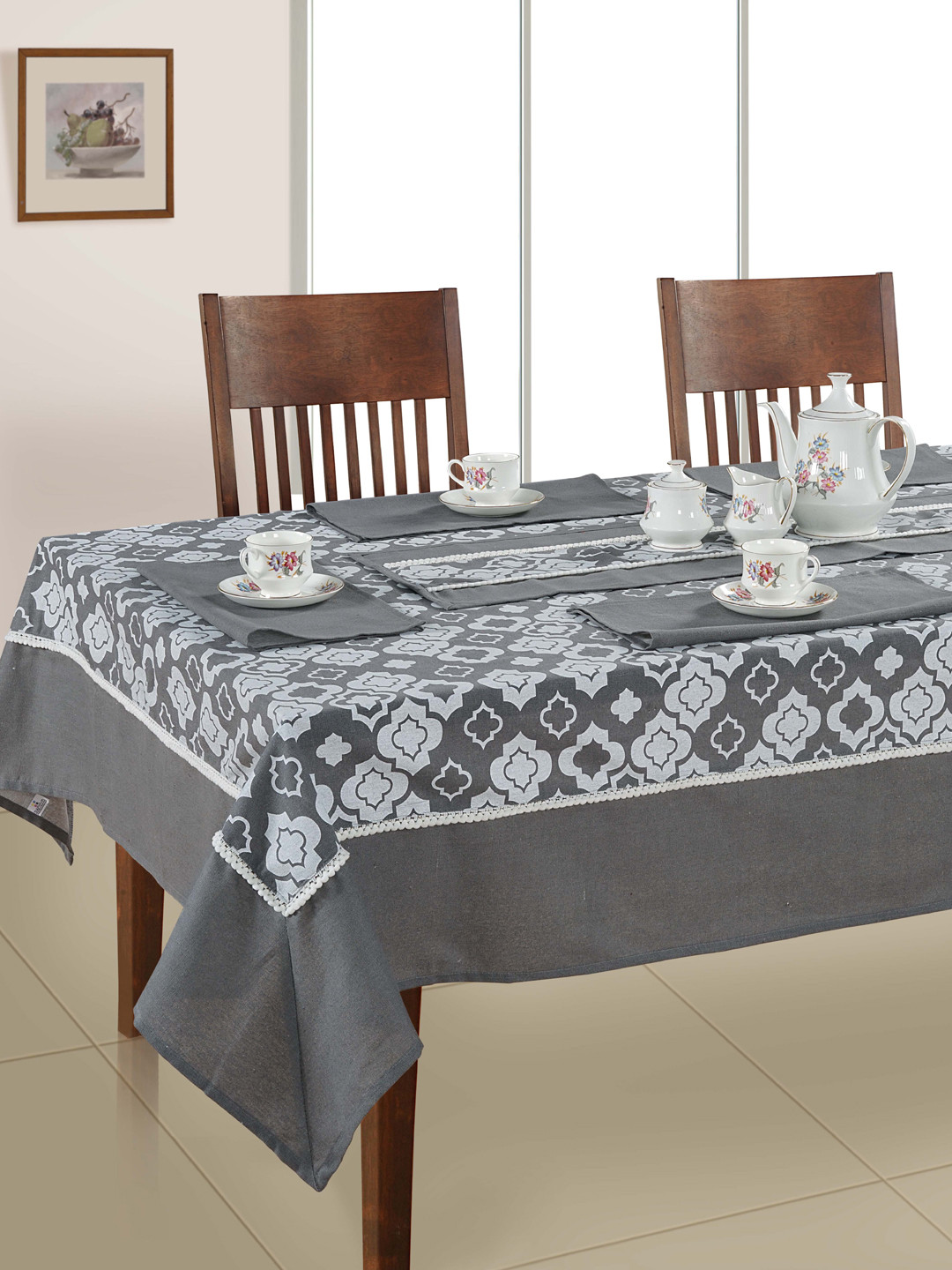 SWAYAM Grey & White 6-Pieces Ethnic Motifs Printed Pure Cotton 4-Seater Table Linen Set