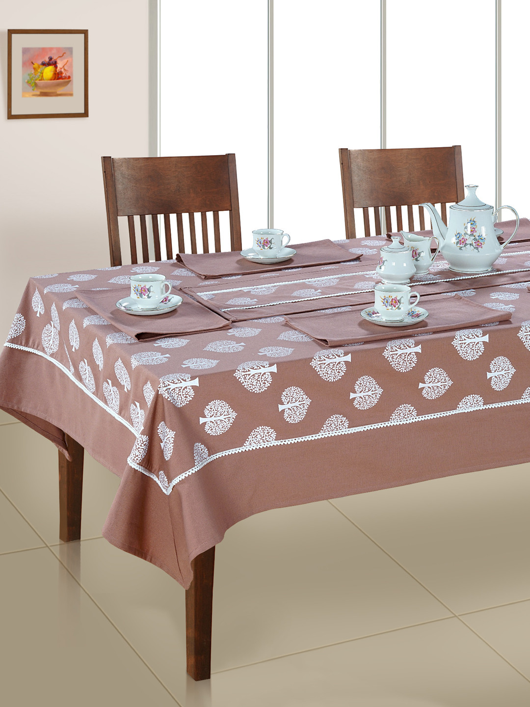 SWAYAM Brown & White Printed Cotton 8-Seater Table Linen Set