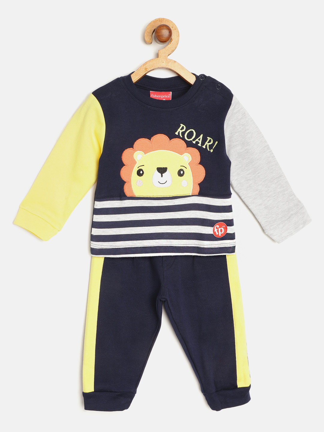 Fisher Price X Moms Love Infant Boys Navy Blue & Yellow Striped Pure Cotton Pyjamas Set