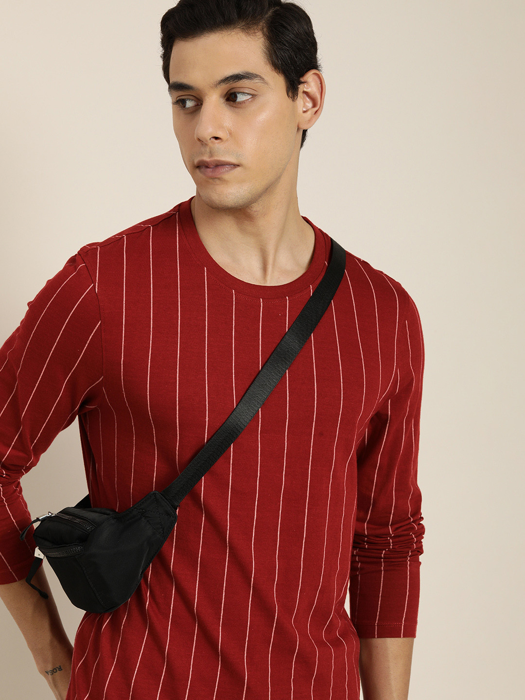 Invictus Indoor Men Maroon & Off White Stripes Printed Pure Cotton Casual T-shirt