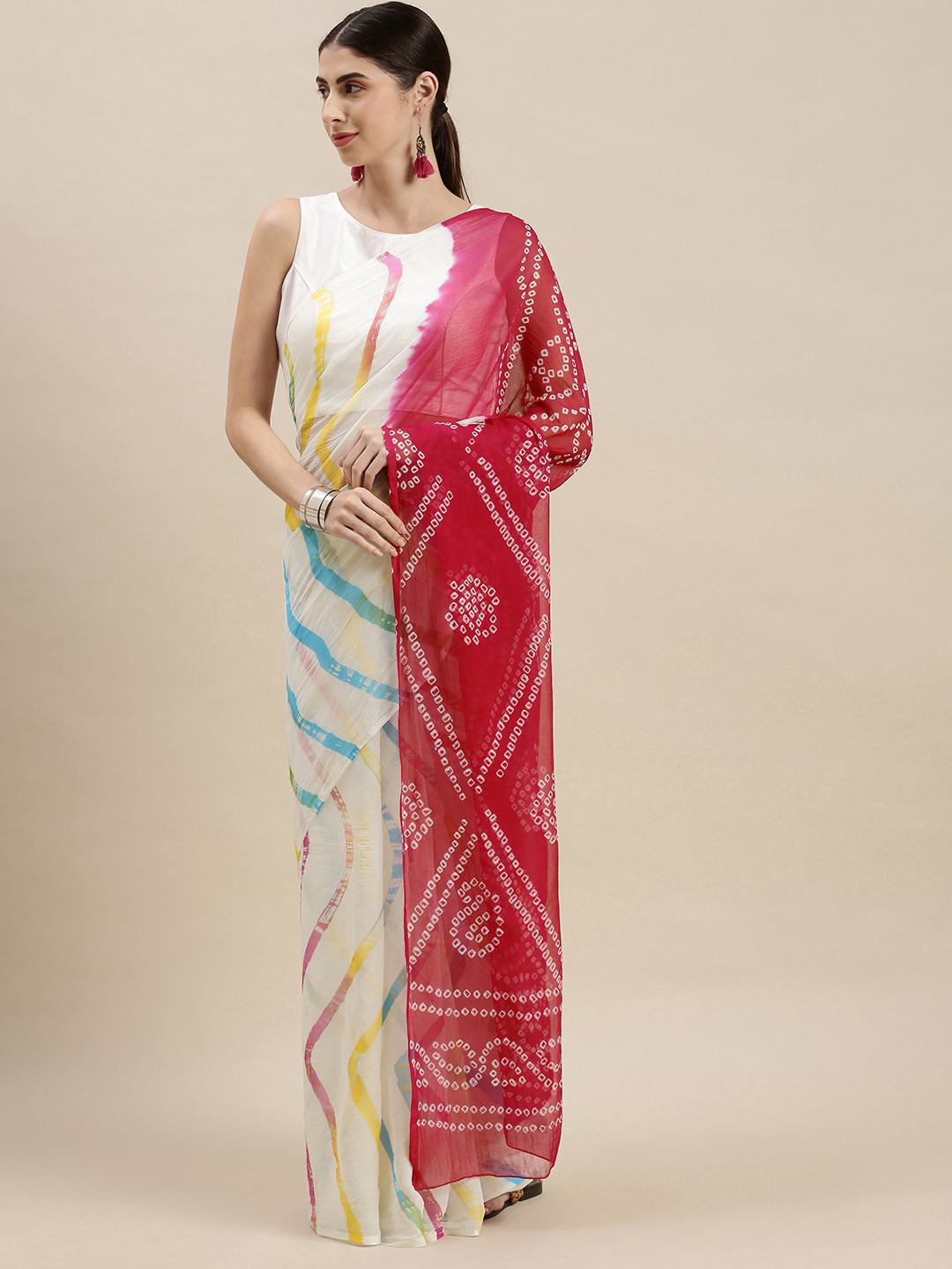 Geroo Jaipur Red & White Hand Dyed Leheriya Bandhani Saree