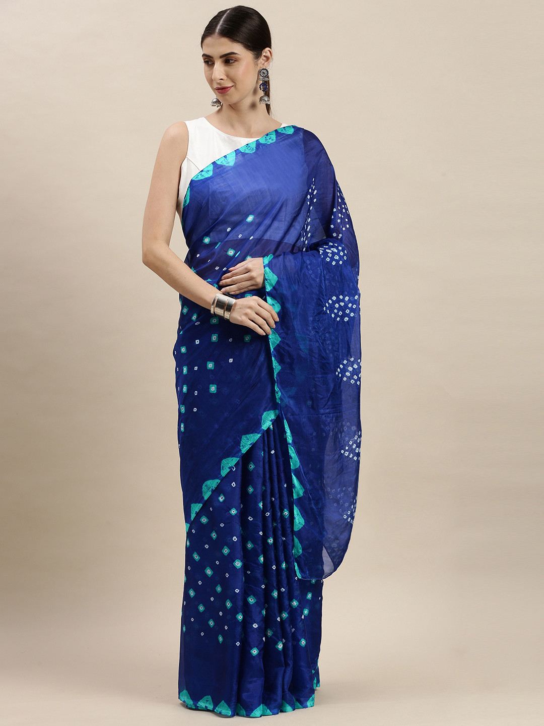 Geroo Jaipur Blue & Turquoise Blue Hand Dyed Bandhani Silk Saree